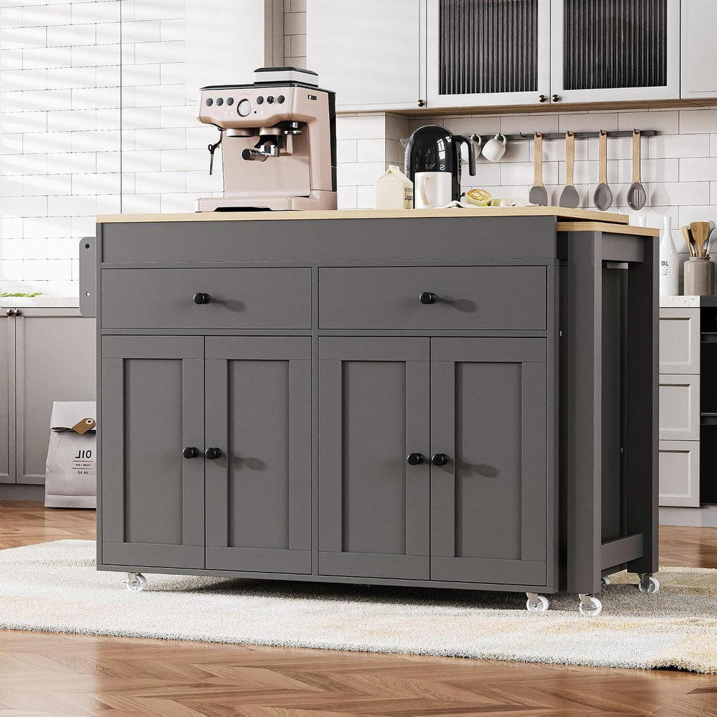 74.5 inch Kitchen Island with Extendable Dining Table, Rolling Kitchen Island on Wheels with Spice Rack and 2 Drawers, Kitchen Storage Cart with 4 Door Cabinet, for Kitchen, Dining Room (Grey/E)