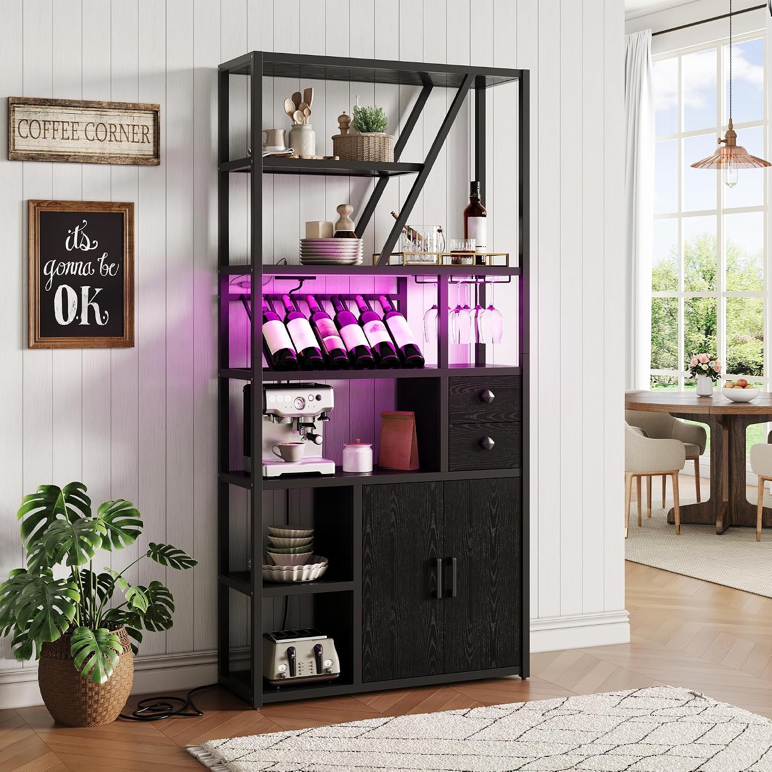 Wine Bar Cabinet with LED Lights, Tall Coffee Bar Station with Power Outlets and Wine Rack - Kitchen Microwave Stand Bakers Rack Cabinet for Living Room, Dining Room & Home Bar