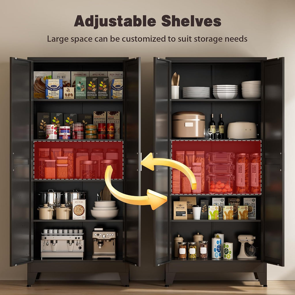 71' Tall Metal Kitchen Pantry Cabinet, Kitchen Storage Cabinets, Steel Cupboard with 2Doors and 4 Adjustable Shelves for Dining Room, Bathroom, Living Room