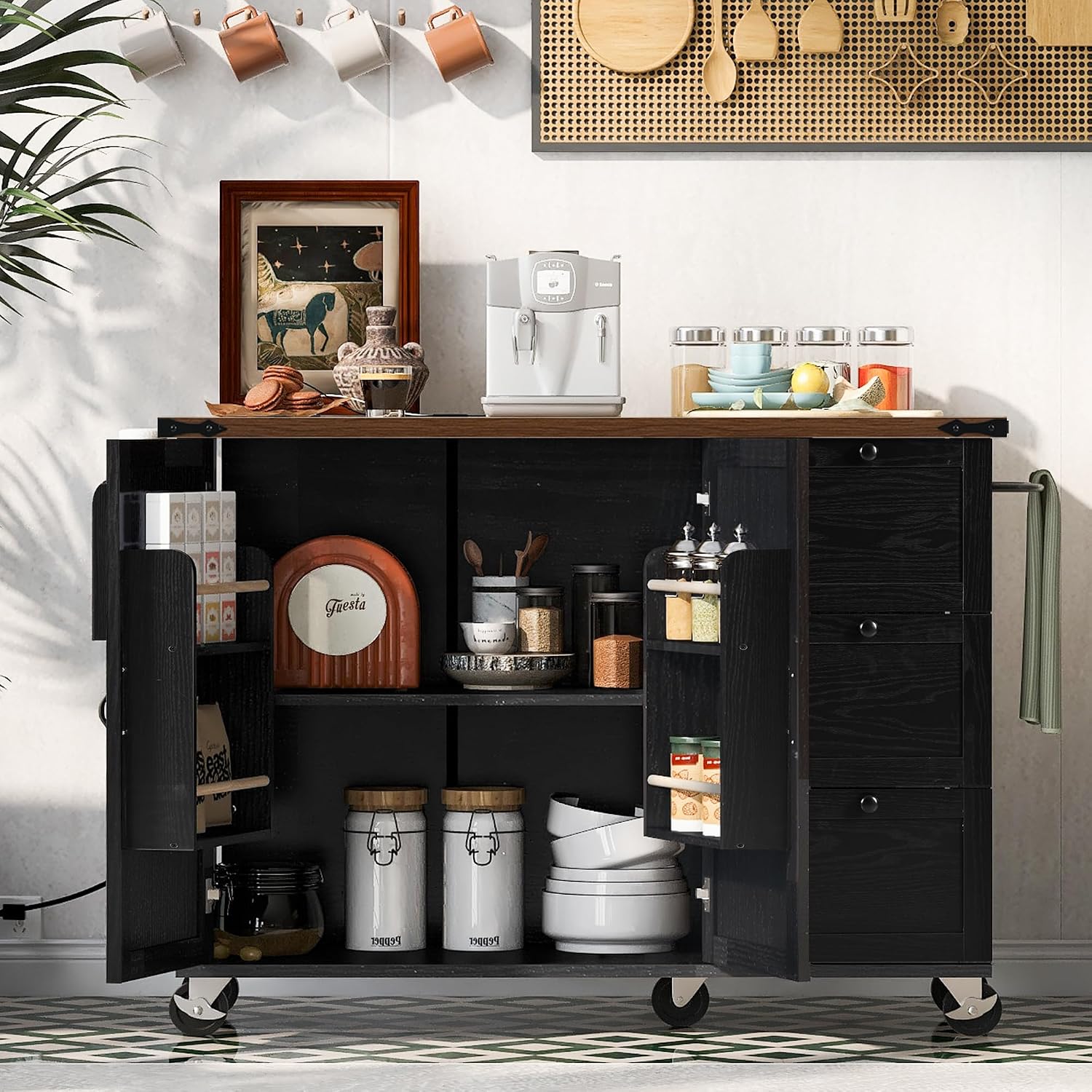54.5' Farmhouse Rolling Kitchen Island Cart on Wheels with Power Outlet, Storage Island with Drop Leaf, Spice Rack and Drawer for Dining Room Kitchens Living Room Black