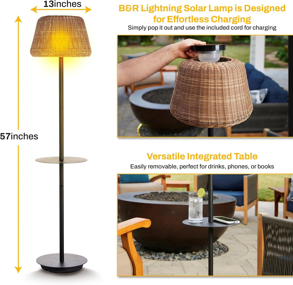 B&R Lighting Solar Outdoor Floor Lamp with Table - Cordless Outdoor Floor Lamp - Patio, Porch, Garden - Rattan Wicker Lights for Outside - Waterproof, Rechargeable, Weatherproof