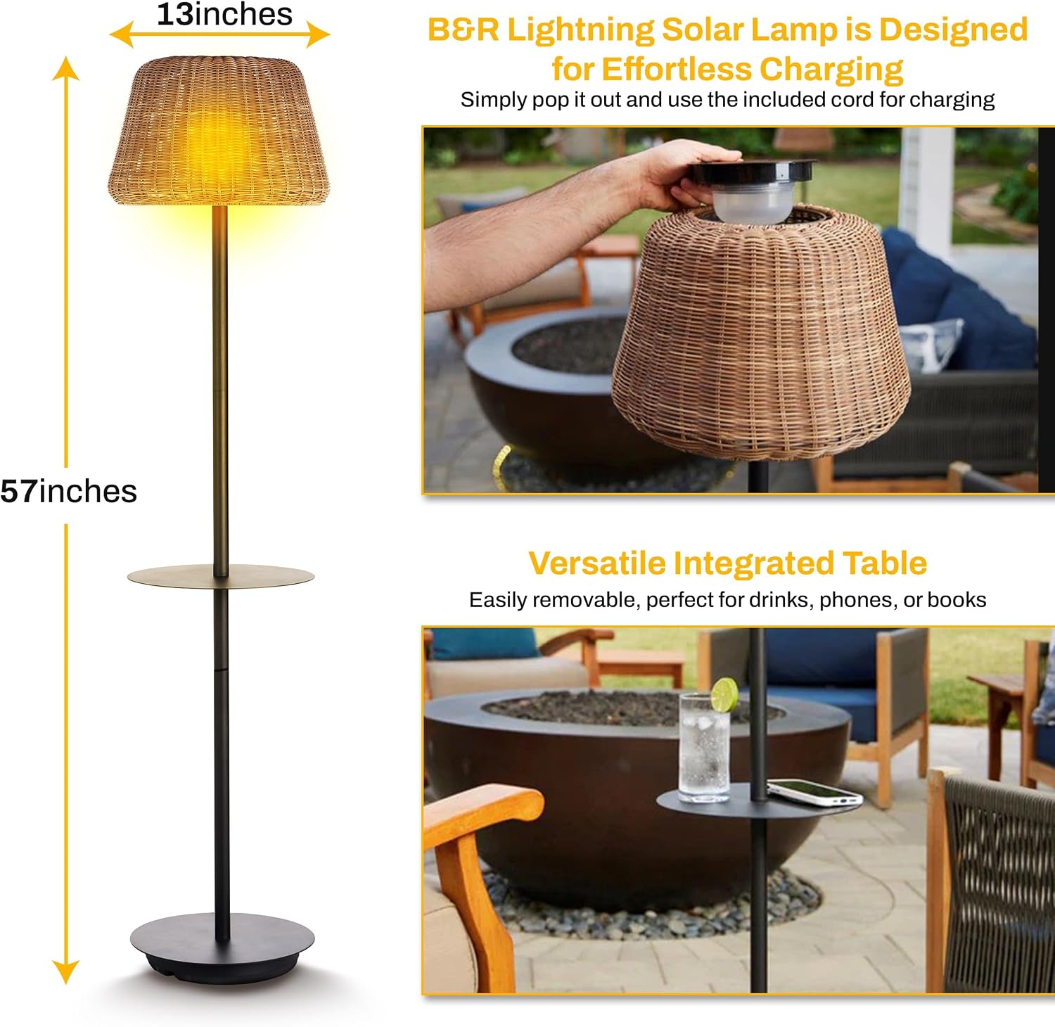 B&R Lighting Solar Outdoor Floor Lamp with Table - Cordless Outdoor Floor Lamp - Patio, Porch, Garden - Rattan Wicker Lights for Outside - Waterproof, Rechargeable, Weatherproof