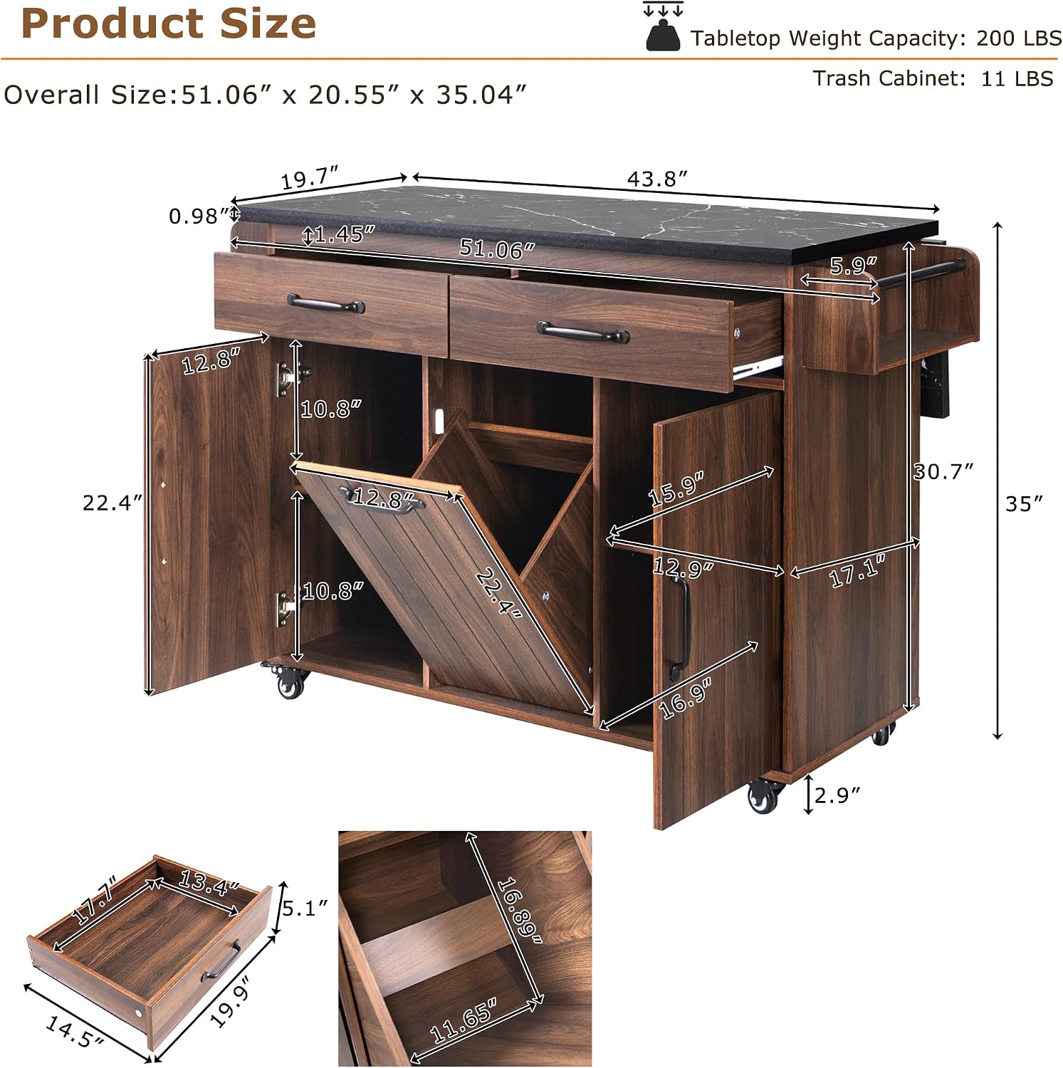 Farmhouse Kitchen Island with Trash Can Storage Cabinet, Kitchen Cart with Drop Leaf, Spice Rack, Towel Rack and Drawer, Rolling Kitchen Island on Wheels with Adjustable Shelf (Walnut Brown1)