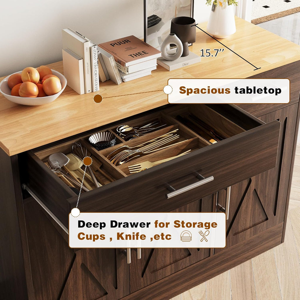 Vongrasig Sideboard Buffet Cabinet with Storage, 43' Farmhouse Coffee Bar Storage Cabinet with Drawers and Shelves, Modern Buffet Table for Kitchen, Dining Room, Rustic Brown