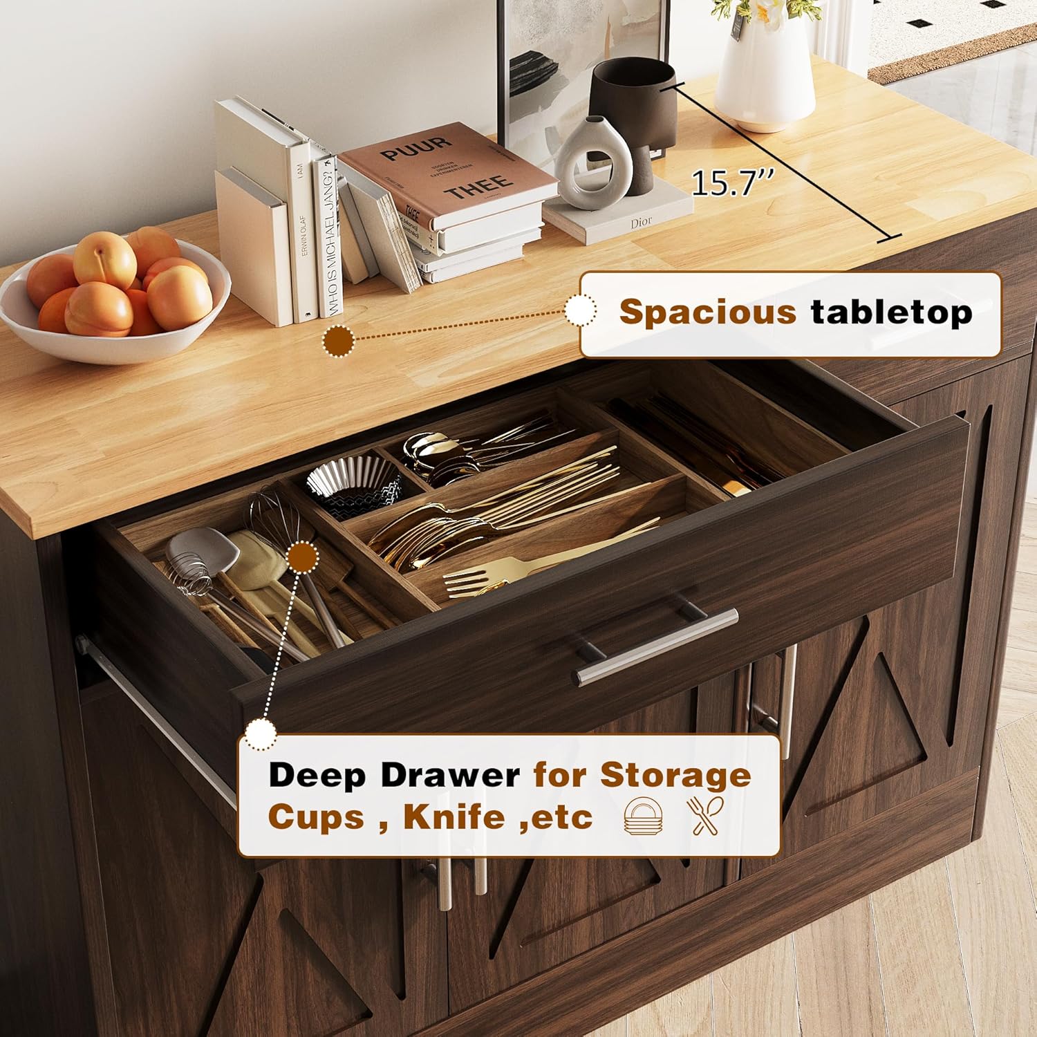 Vongrasig Sideboard Buffet Cabinet with Storage, 43' Farmhouse Coffee Bar Storage Cabinet with Drawers and Shelves, Modern Buffet Table for Kitchen, Dining Room, Rustic Brown