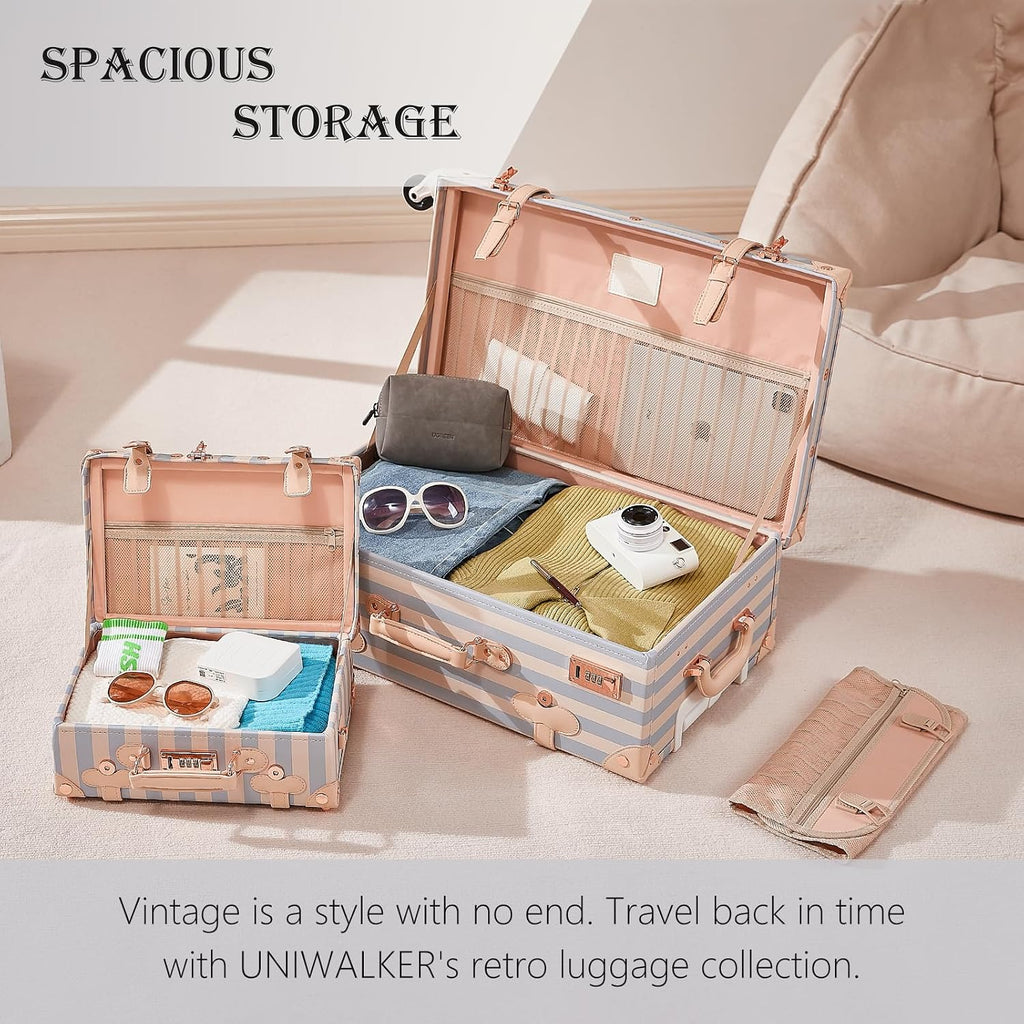 UNIWALKER Vintage Carry on Luggage Set, 2 Piece Retro Spinner Trunk Suitcase with Cosmetic Train Case for Women, 20'+12', Blue Strip
