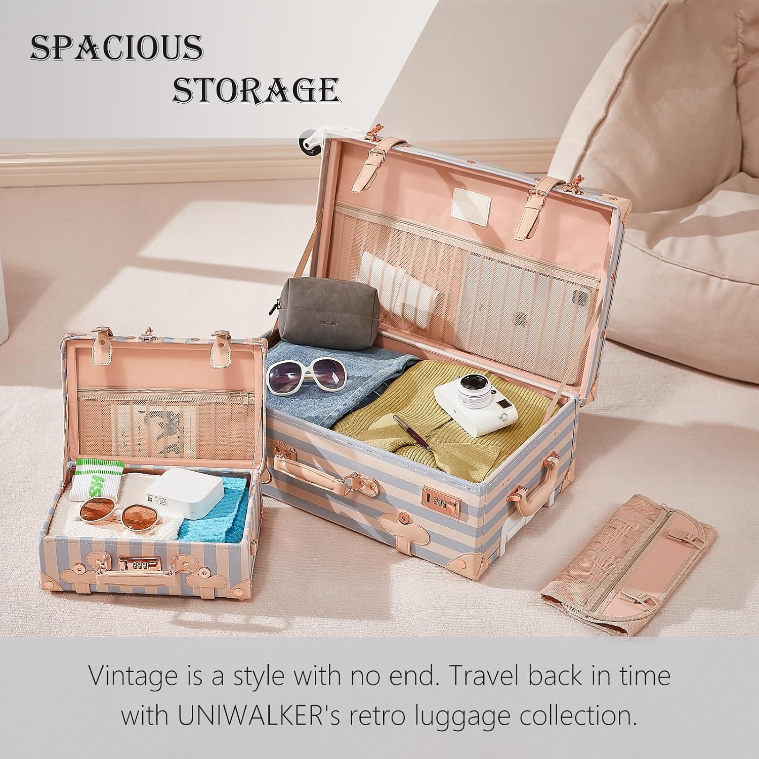 UNIWALKER Vintage Carry on Luggage Set, 2 Piece Retro Spinner Trunk Suitcase with Cosmetic Train Case for Women, 20'+12', Blue Strip