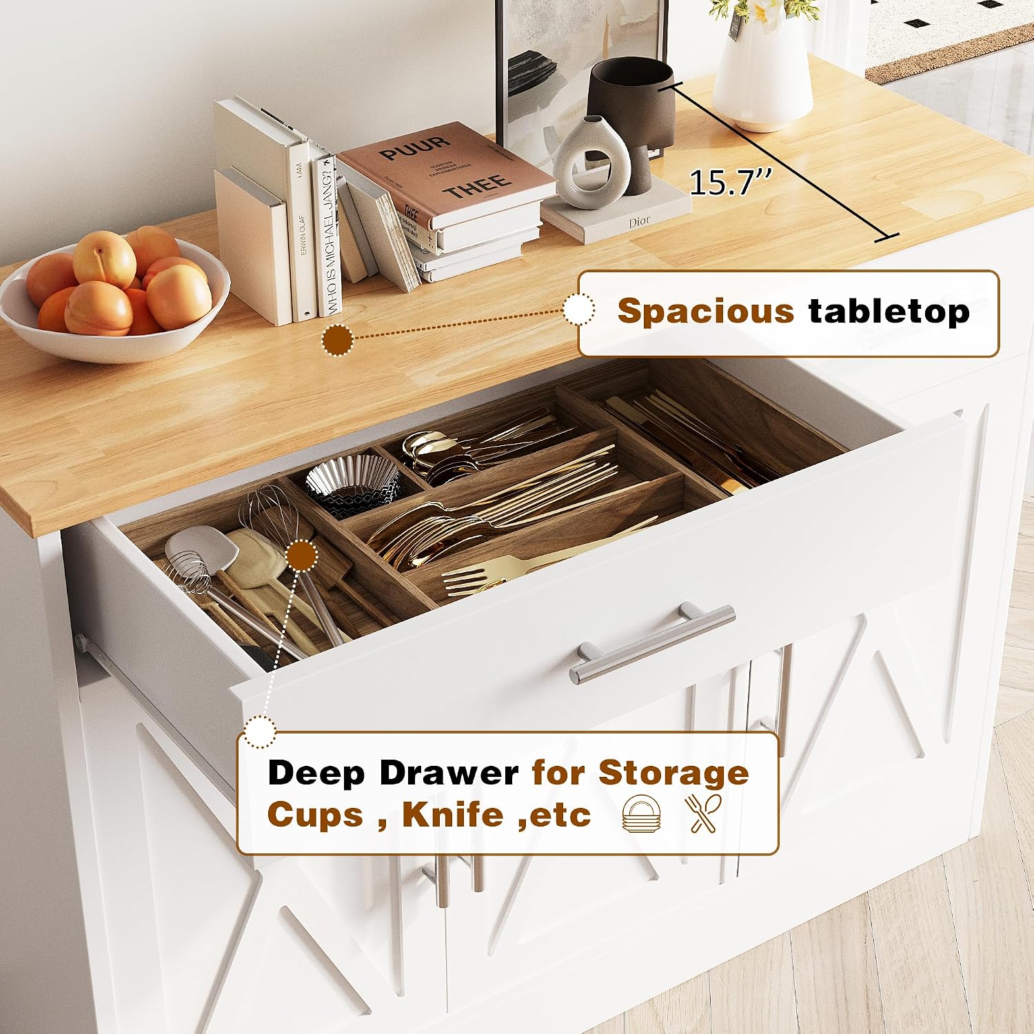 Vongrasig 43' Coffee Bar Cabinet, Farmhouse Buffet Cabinet with Storage, Sideboard Buffet with Drawers and Shelves for Kitchen, White