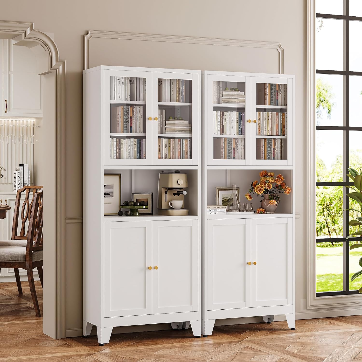 YAUWOH 69' Tall Metal Pantry Cabinet with Microwave Shelf, 2 Glass Doors & 3 Adjustable Shelves, 120LBS Per Shelf Heavy Duty Storage Cabinet with Anti-Tip Design for Kitchen,Dining Room (1PC,White)