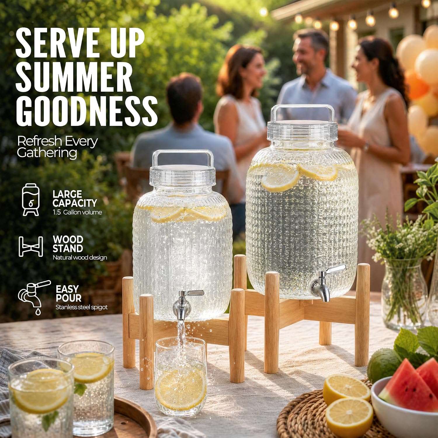 EGGKITPO 2 Pack 1.5 Gallon Drink Dispensers for Parties Hosting Wedding Beverage Dispenser with Wood Stand and Spigot, BPA-Free Polycarbonate Lemonade Container for Halloween Home Buffet Iced Tea