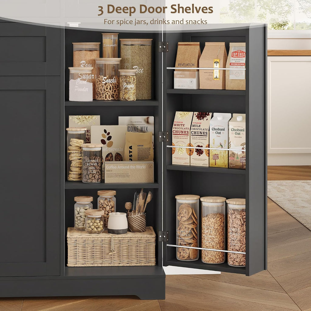 HOSTACK 68' Tall Kitchen Pantry Storage Cabinet, Modern Kitchen Hutch Cabinet with Doors and Shelves, Freestanding Food Pantry with Large Storage Drawer for Dining Room, Living Room, Black