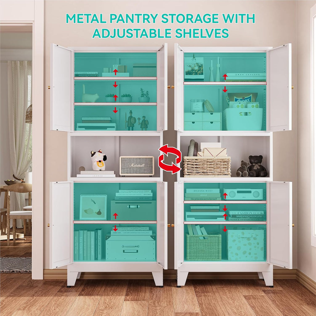 69' H Metal Pantry Cabinet with Open Shelf,13.78'Deep By 28' Wide Storage Cabinet with Doors and Adjustable Shelves,Microwave Stand,for Kitchen Dining Room Bathroom,White 1Pc
