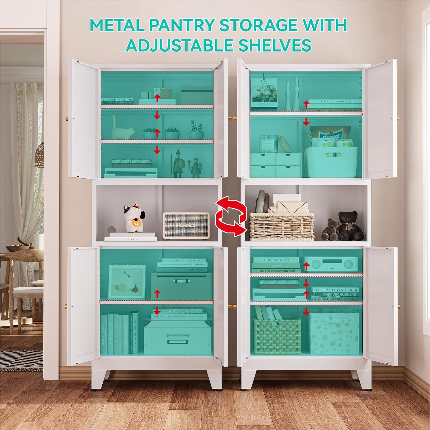69' H Metal Pantry Cabinet with Open Shelf,13.78'Deep By 28' Wide Storage Cabinet with Doors and Adjustable Shelves,Microwave Stand,for Kitchen Dining Room Bathroom,White 1Pc