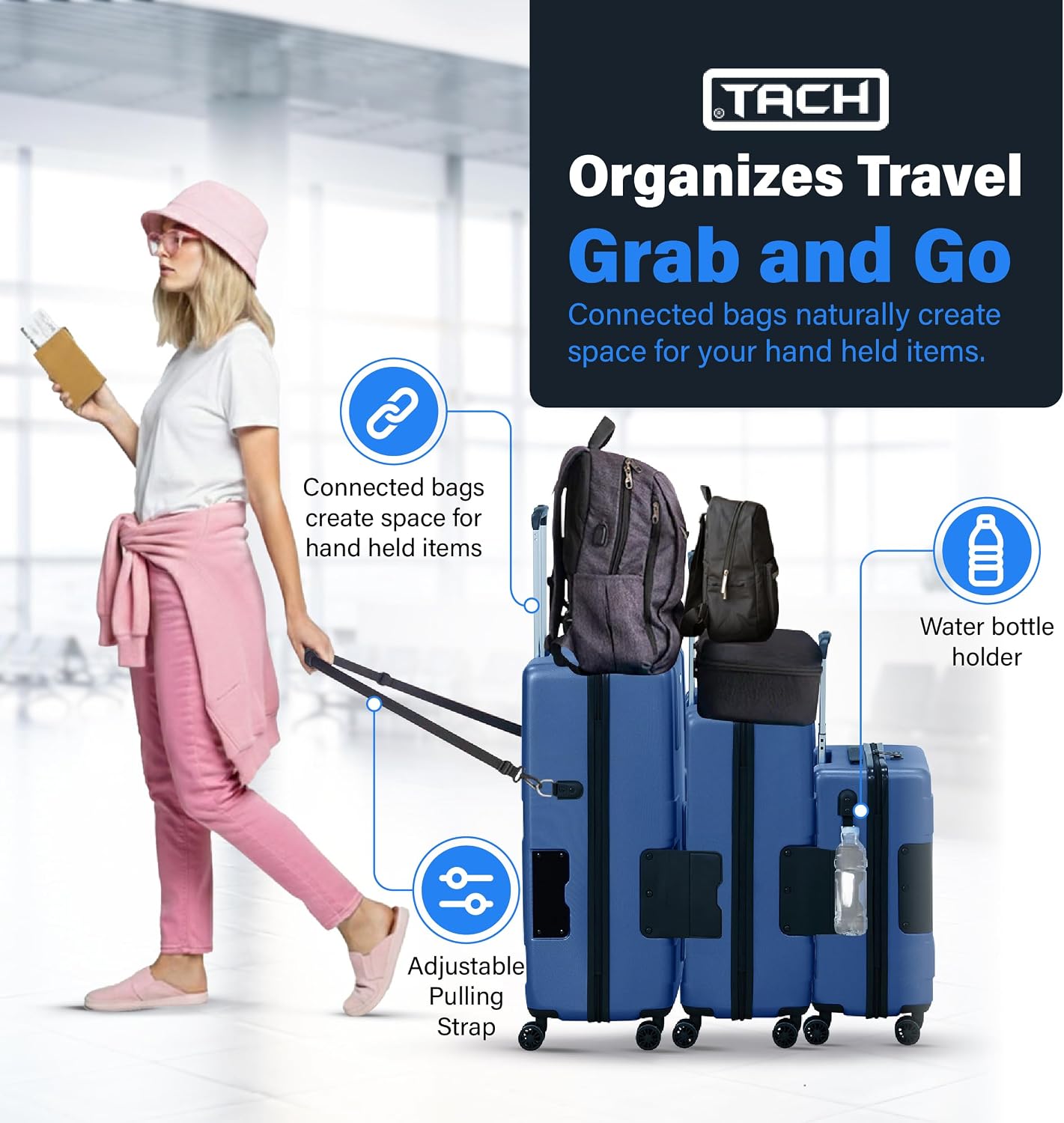 TACH Patented Connecting Hard Shell 3 Piece Luggage Set - 20, 24 & 28 inch Luggage | Carry-On, Medium & Large Rolling Suitcases - Midnight Blue
