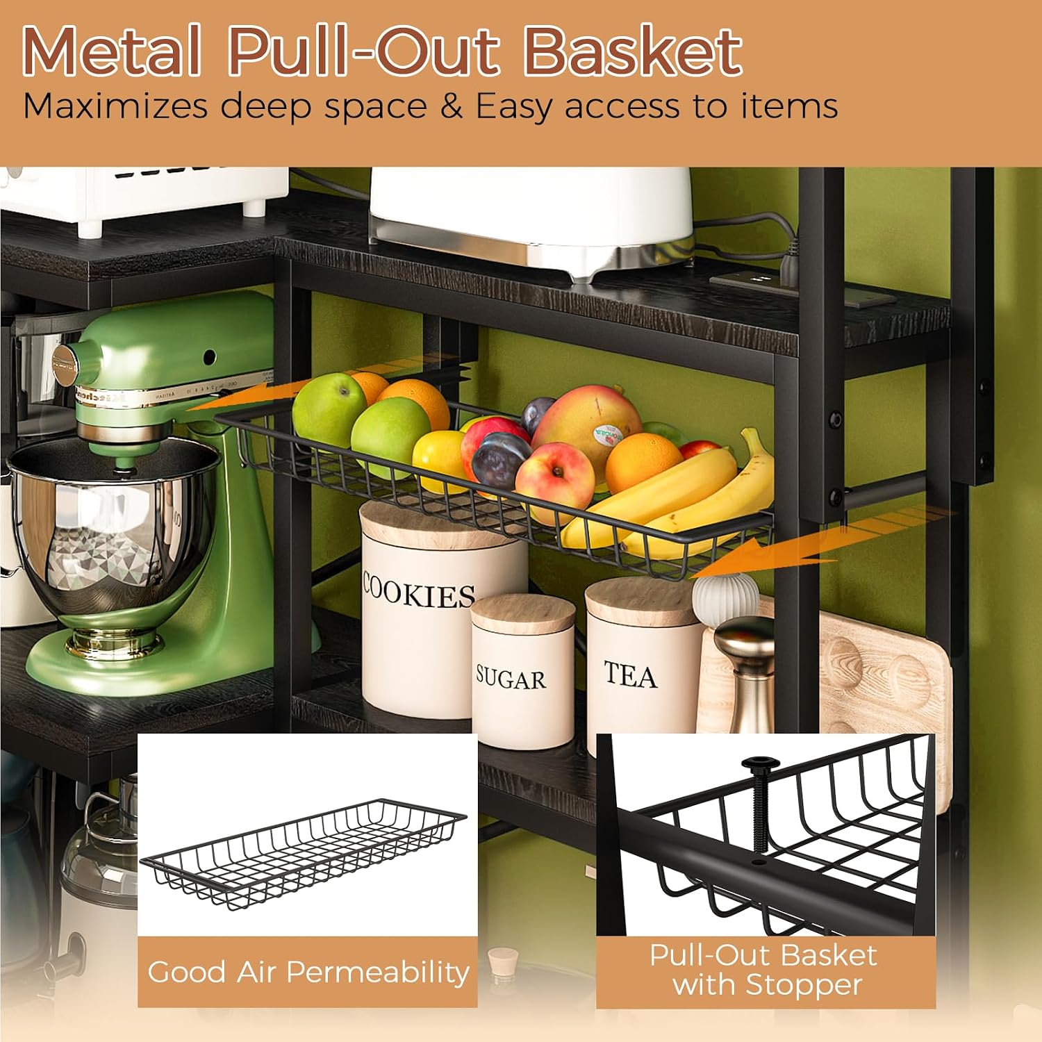 METYERRY L-Shaped Bakers Rack with Power Outlet,4-Tier Corner Microwave Stand with Storage,Coffee Bar Station with 6 Hooks, Kitchen Shelf with 2 Installation Methods,for Living Room,Office,Black