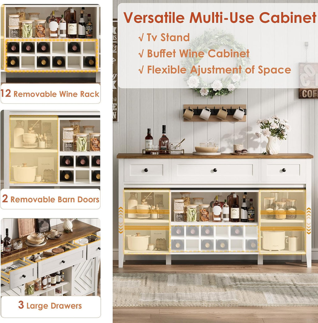CABIHOME Farmhouse 47.2'' Buffet Cabinet with Sliding Barn Door, 33.4'' Tall Wood Rustic Sideboard with 3 Drawer, Adjustable Shelf and Removable Wine Rack (White, 59'')