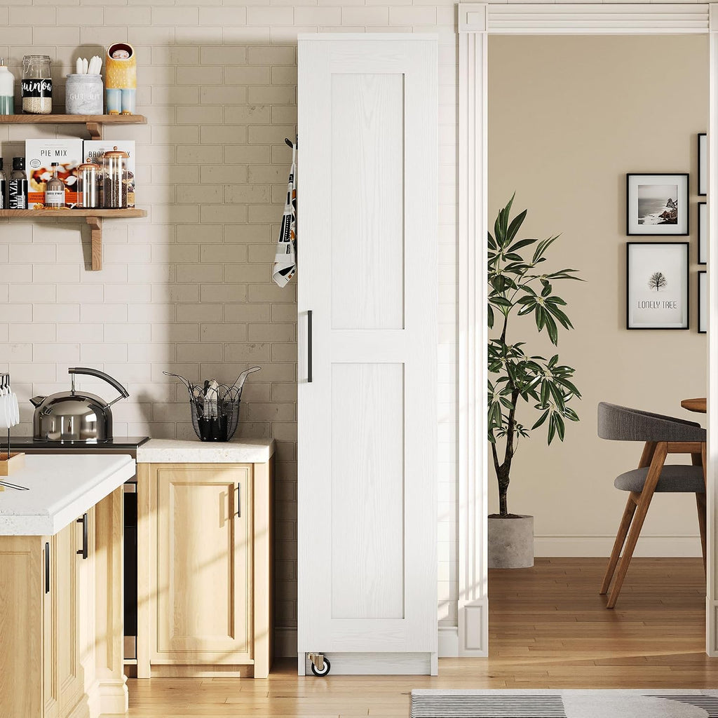 IRONCK Narrow Kitchen Pantry Storage Cabinet, 72' Slim Single Door with 6 Adjustable Shelves, Door Rack and Wheels, Space Saving Freestanding Storage Floor Cabinet for Small Place, White