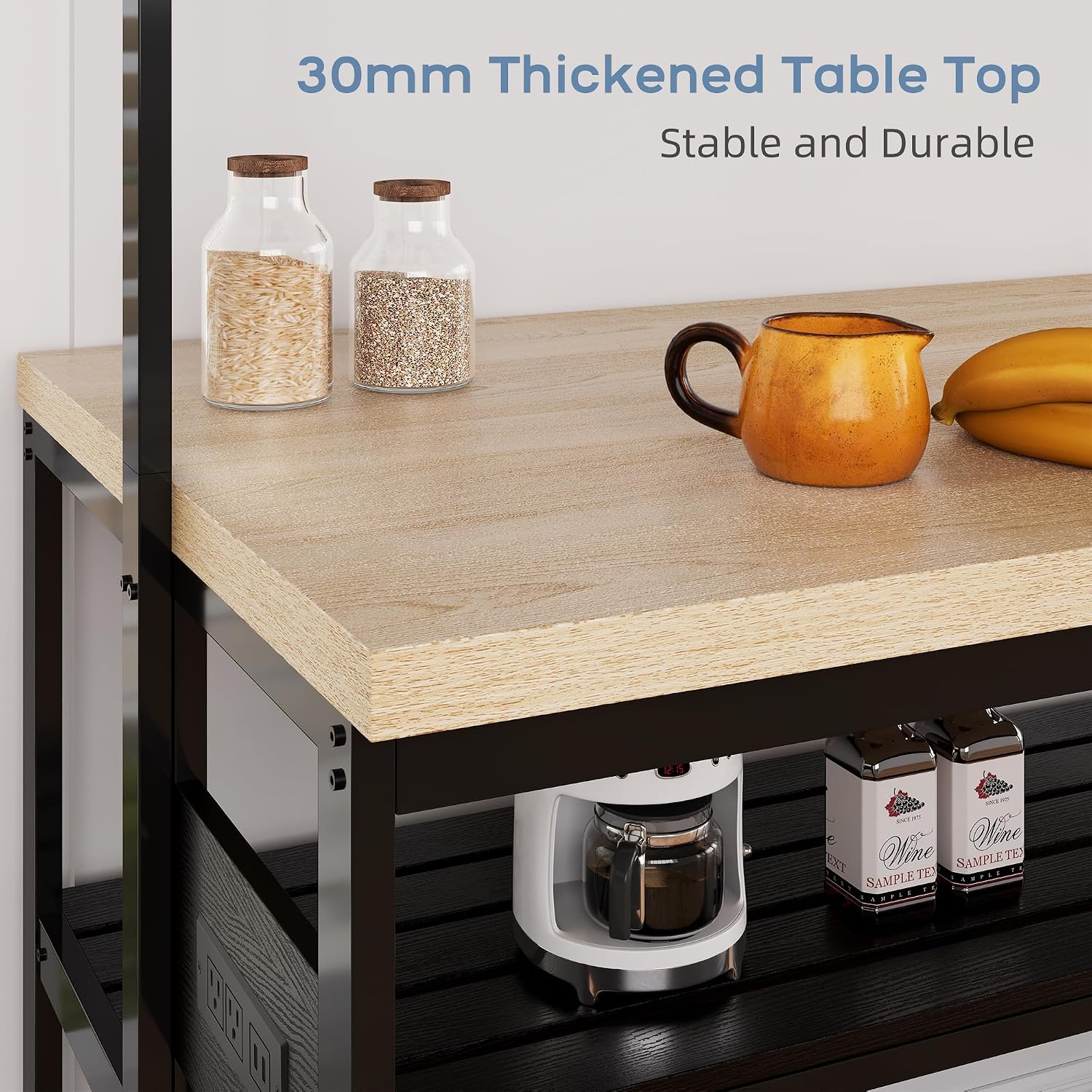 47' Large Kitchen Island Table,Bakers Rack With Power Outlet,3-Tier Storage-Microwave Stand Oven Shelf,Metal Coffee Bar Table,Kitchen Storage Shelf for Dining Living Room, 5 Hooks,47'x28'x72'