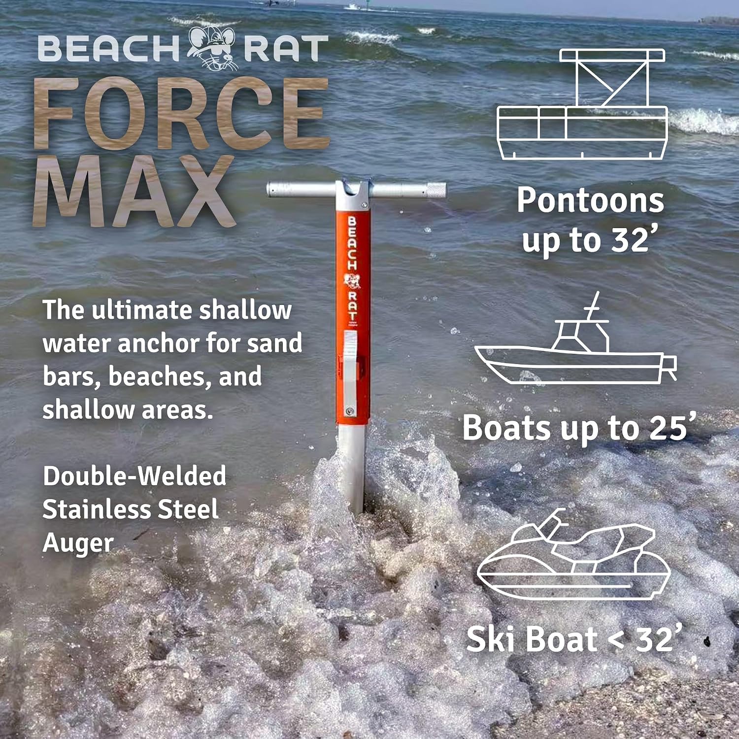 Beach Rat Anchor & Case - Pontoon, Tritoon, PWC Anchor - Shallow Water Boat Anchor & Sandbar Anchor, Screw in Boat Anchor, Stainless Steel & Aluminum Anchor Pole Accessory