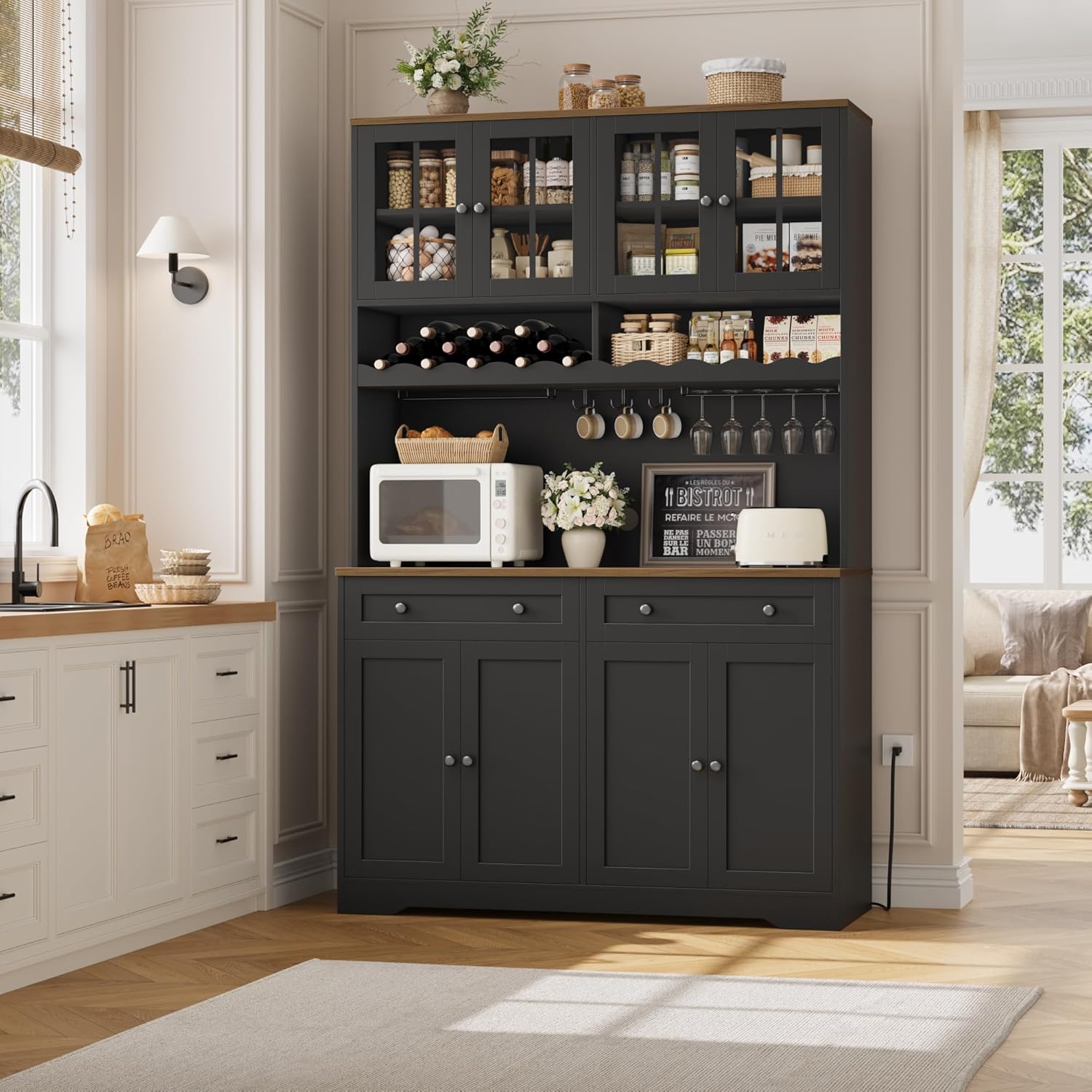 HOSTACK 75.4' Tall Kitchen Pantry Cabinet with Charging Station, Modern White Kitchen Hutch with Microwave Stand and Wine Rack, Large Food Pantry Storage Cabinet with Glass Doors and Drawers, Black