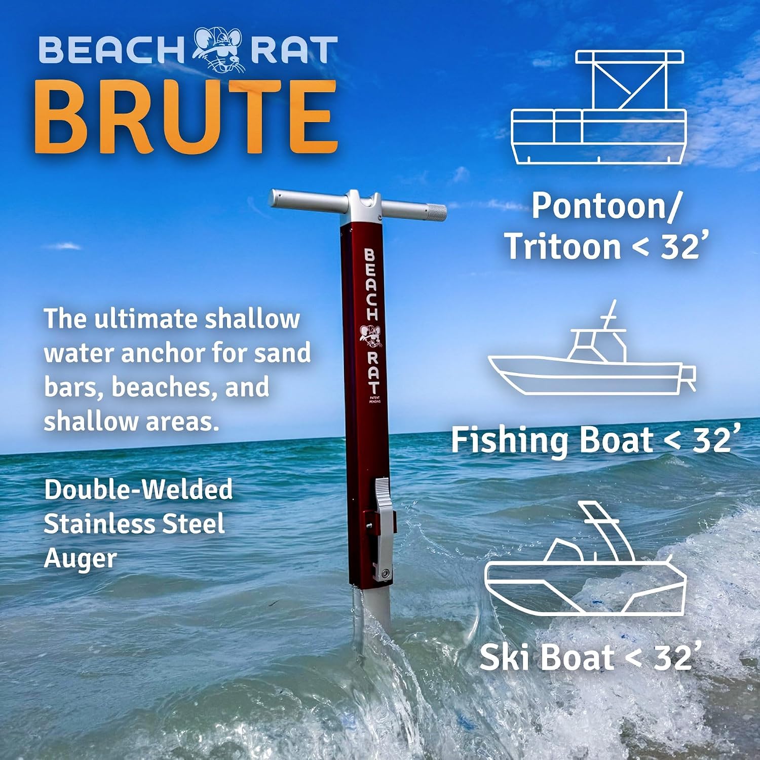 Beach Rat Anchor & Case - Pontoon, Tritoon, PWC Anchor - Shallow Water Boat Anchor & Sandbar Anchor, Screw in Boat Anchor, Stainless Steel & Aluminum Anchor Pole Accessory