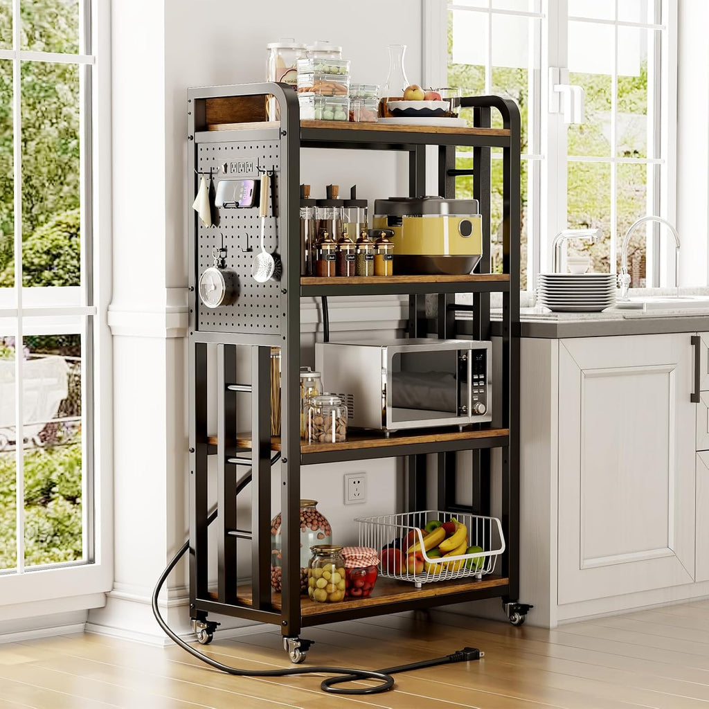 Kitchen Bakers Rack with Power Outlet,With pegboard Bakers Racks,Microwave Oven Stand with Storage 4 Tiers,bakers rack with storage,microwave cart,for Kitchen,Coffee Bar(Vintage Brown,15.75x25.2x55)