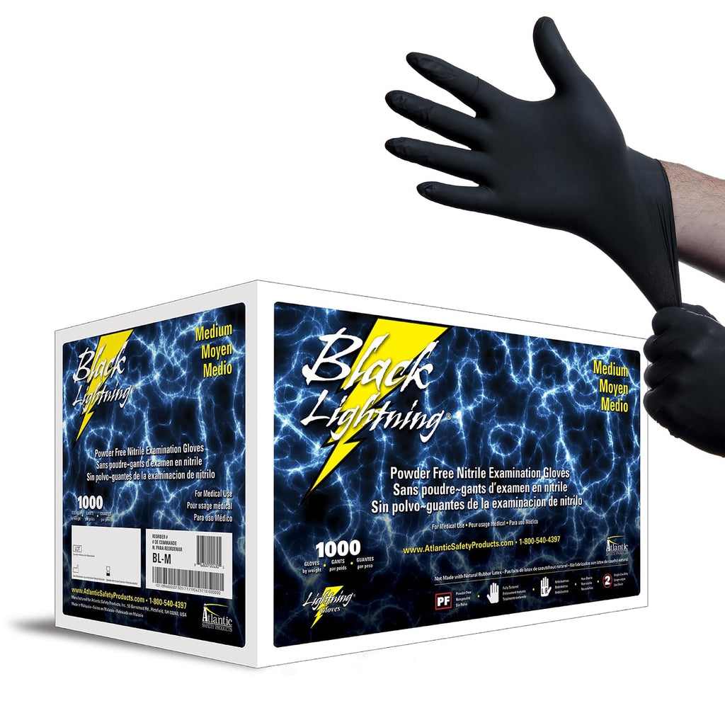 Atlantic Safety Products Black Lightning Exam Gloves, Disposable, Powder-Free Nitrile Gloves (1000, Medium)