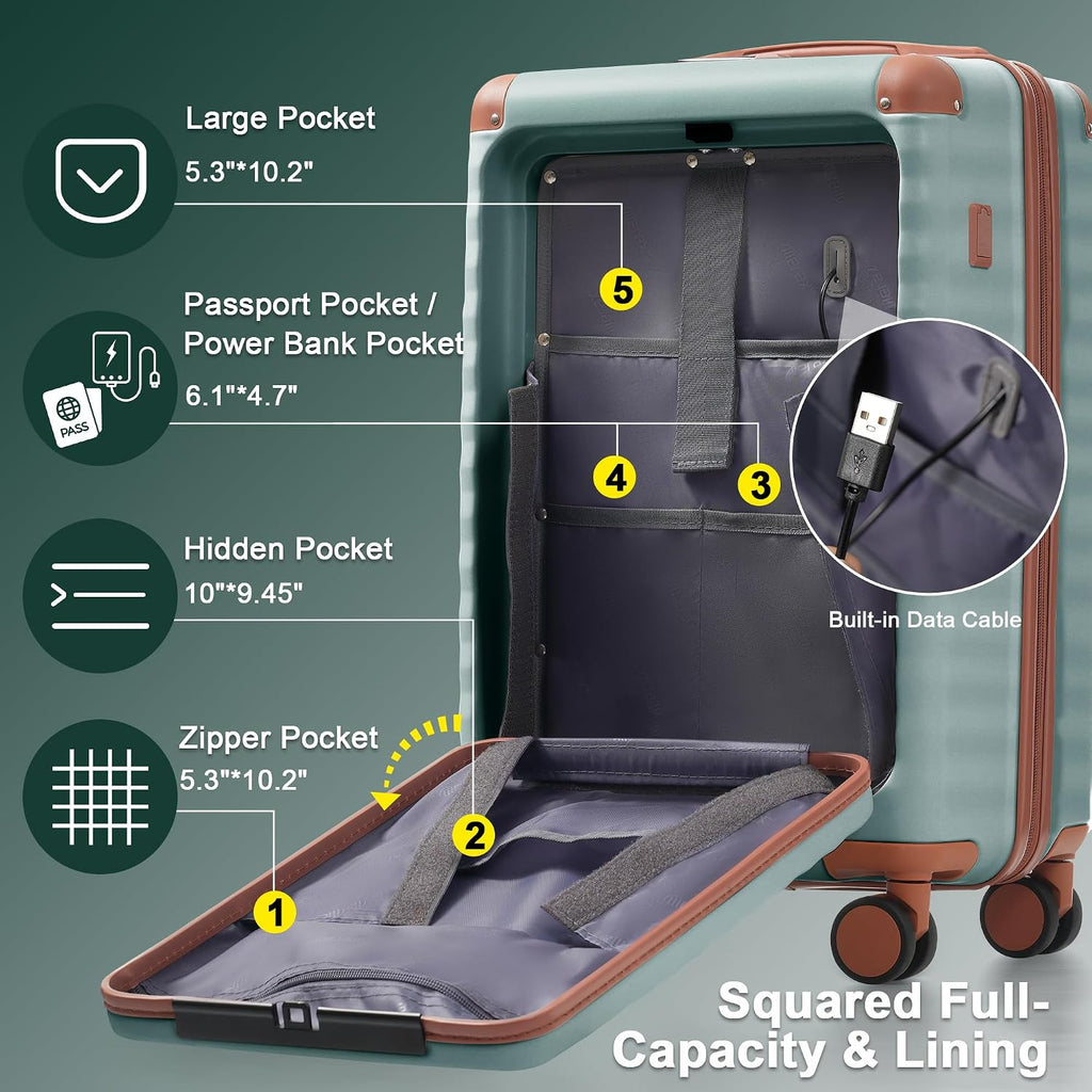 Merax Luggage Sets 3 Piece Front Opening, Hardside Lightweight Carry on Suitcase with Cup Holder USB Port,Durable Expandable Luggage with Bags Spinner Wheels and TSA Lock,Blue Green