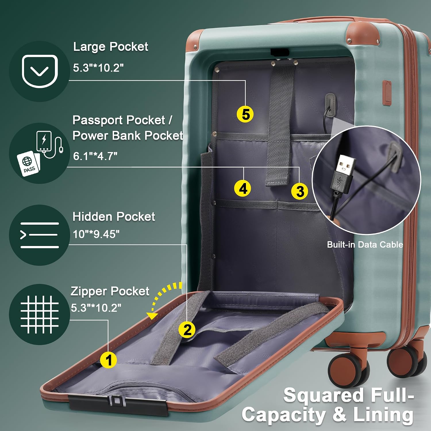 Merax Luggage Sets 3 Piece Front Opening, Hardside Lightweight Carry on Suitcase with Cup Holder USB Port,Durable Expandable Luggage with Bags Spinner Wheels and TSA Lock,Blue Green