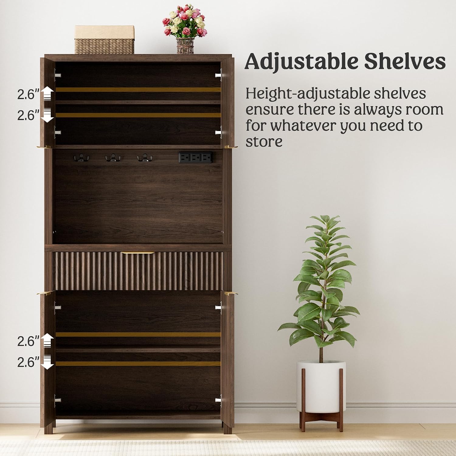 Lulive 71' Fluted Pantry Cabinet with Charging Station & Adjustable Shelves, Spacious Kitchen Storage Cabinet with Open Countertop & Drawer for Dining Room, Living Room, Brown