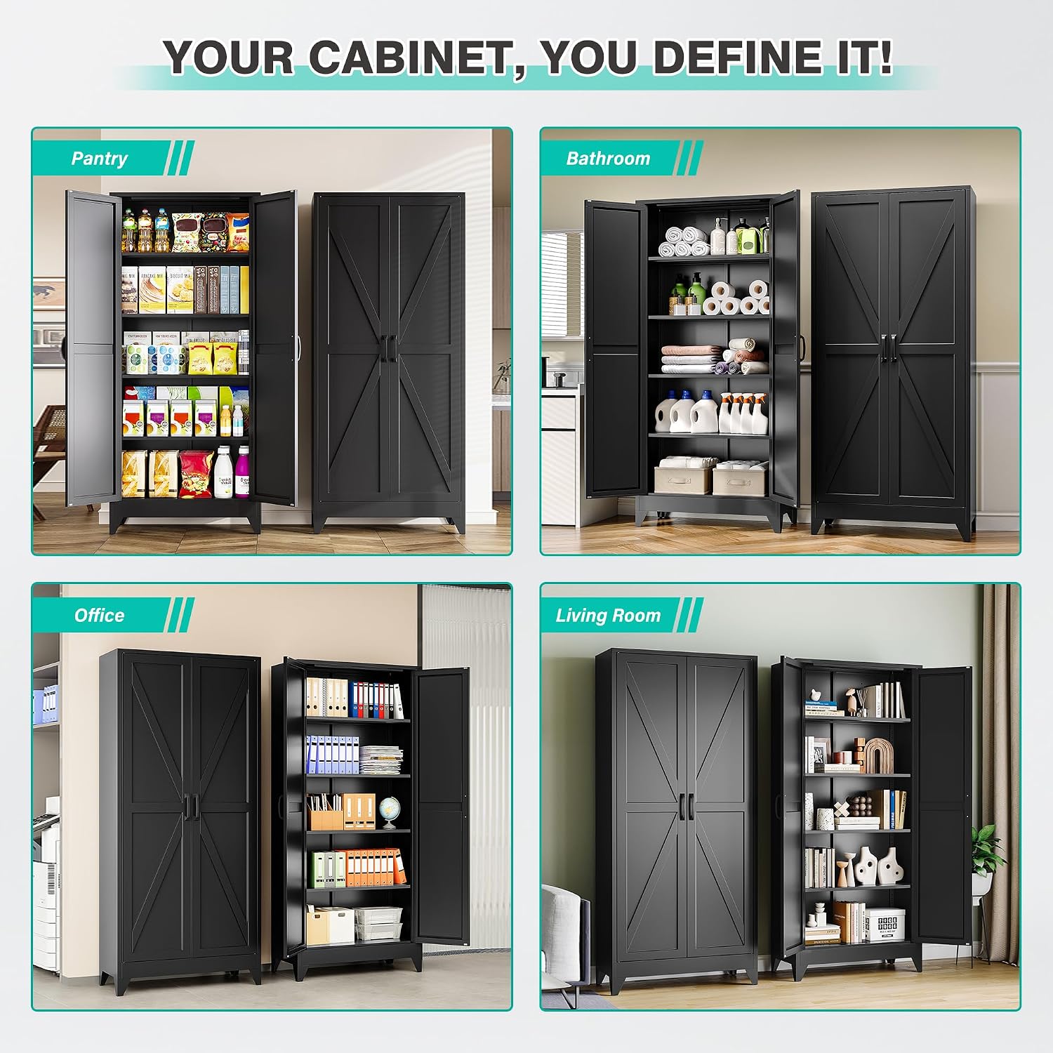 SISESOL 75' Tall Pantry Cabinet,Farmhouse Kitchen Pantry Storage Cabinets with 2 Doors and 4 Shelves,Black Metal Storage Cabinet,Large Cupboard for Home,Kitchen,Dining/Living Room