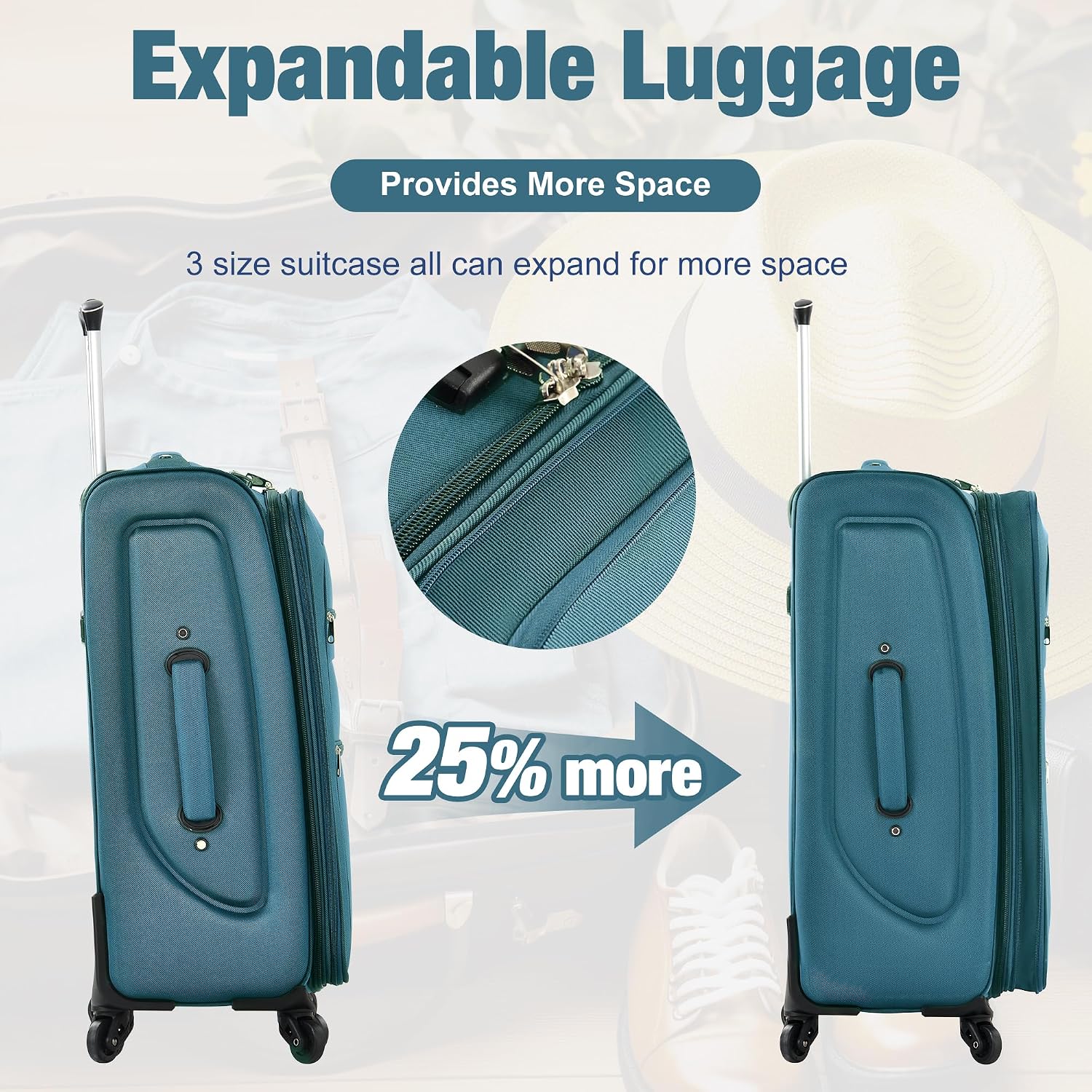 Merax Softside Luggage Set 3 Piece Suitcase with Duffel Bag Spinner Wheels Lightweight Expandable Travel Luggage 22' 26' 30',Blue Green