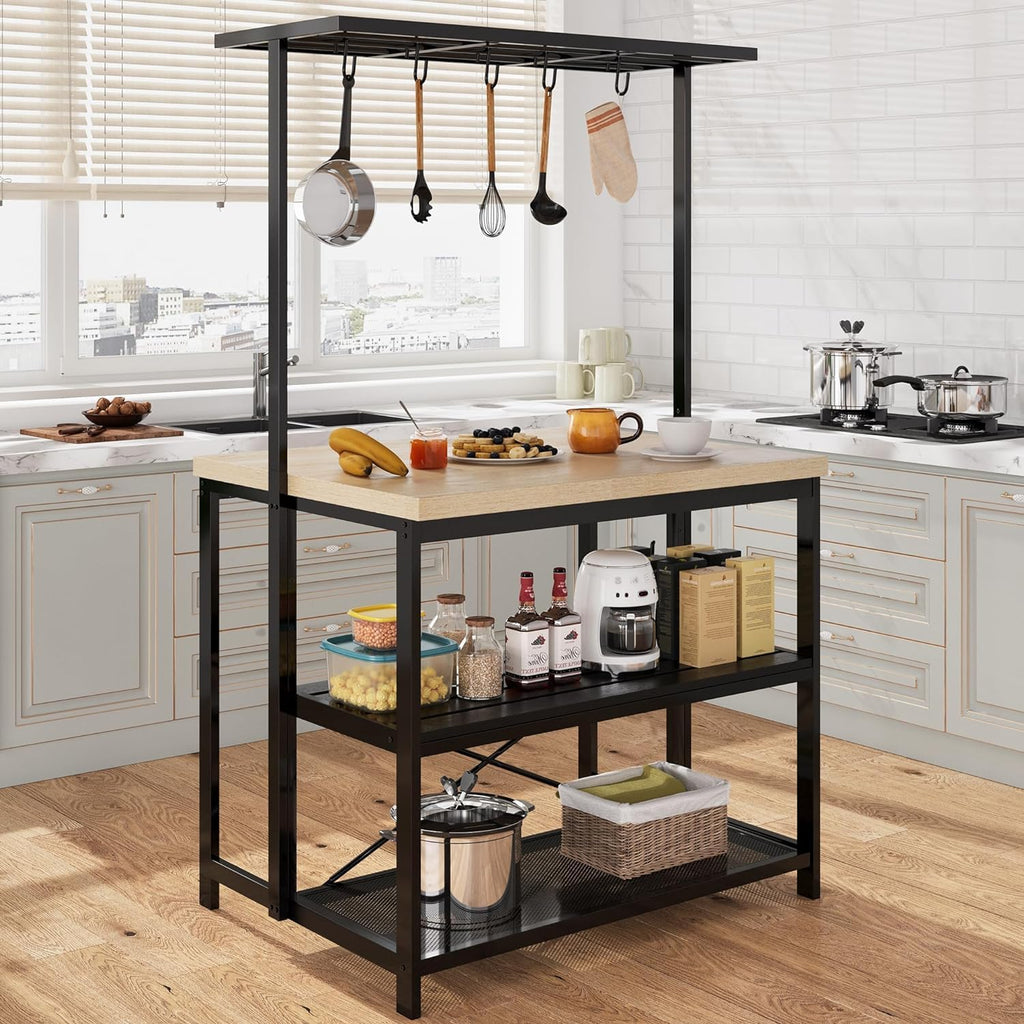 IDEALHOUSE 47' Natural Wood Finish Kitchen Island with Power Outlets, Baker's Rack, and Microwave Stand - Multi-Functional Island Table for Kitchen, Dining, and Living Room