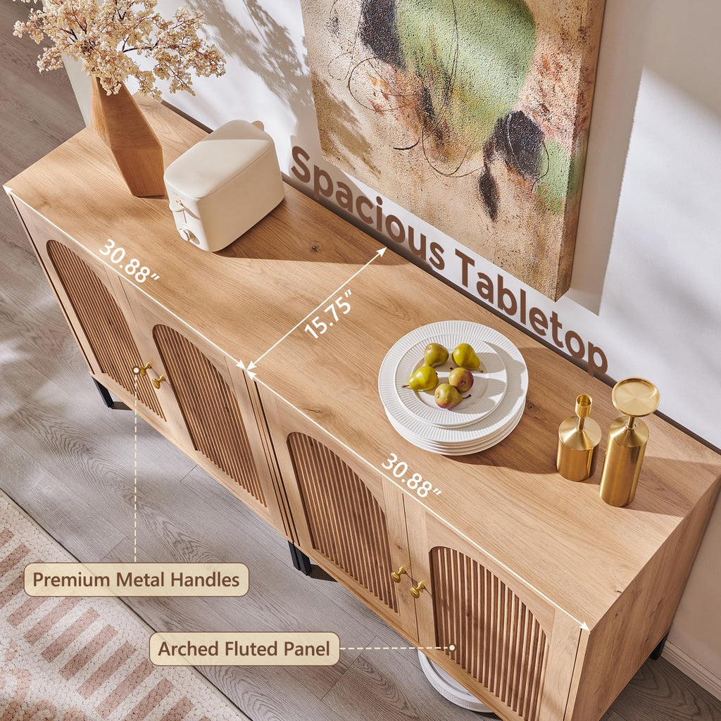 IFGET Modern Buffet Cabinet with Storage, 61.75' W Fluted Arched Sideboard Cabinet w/Adjustable Shelves, Wooden Modular Coffee Bar for Dining Room, Kitchen, Living Room, Entryway, Natural