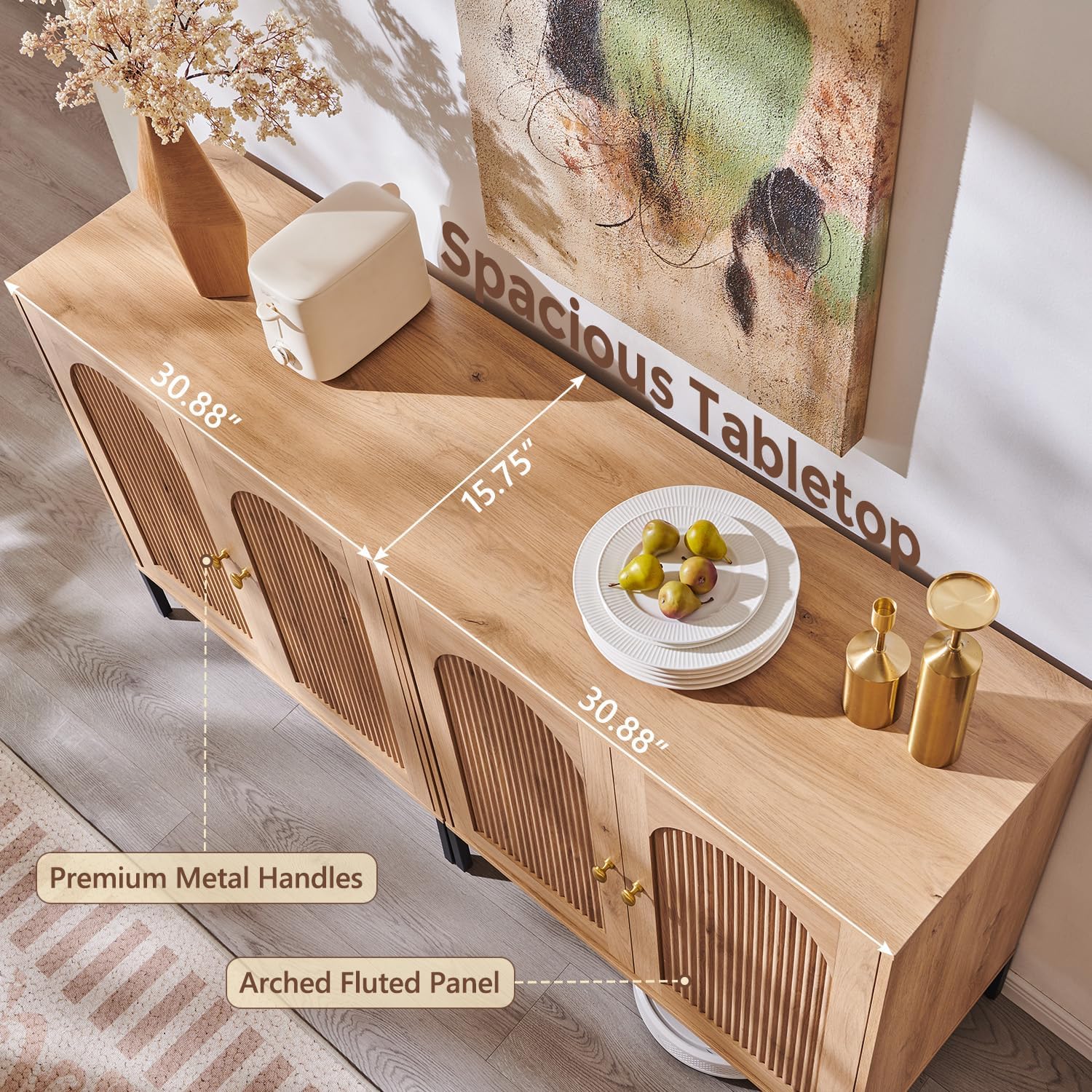 IFGET Modern Buffet Cabinet with Storage, 61.75' W Fluted Arched Sideboard Cabinet w/Adjustable Shelves, Wooden Modular Coffee Bar for Dining Room, Kitchen, Living Room, Entryway, Natural