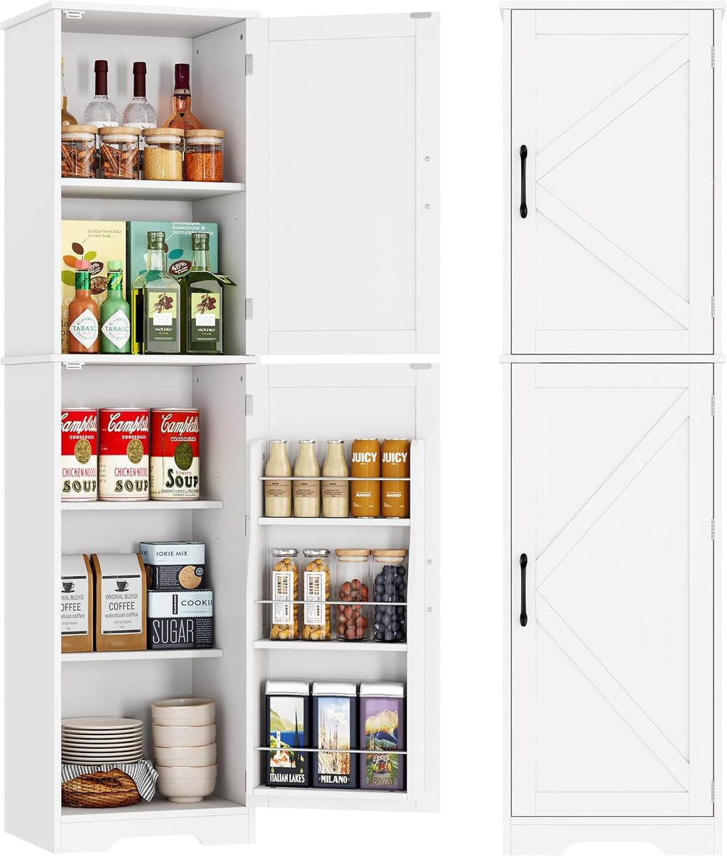 Yusong 64' Tall Farmhouse Bathroom Storage Cabinet, Freestanding Narrow Linen Cabinet, Wooden Pantry Cabinet with Adjustable Shelves, Slim Floor Storage Organizer for Kitchen Laundry Dining Room