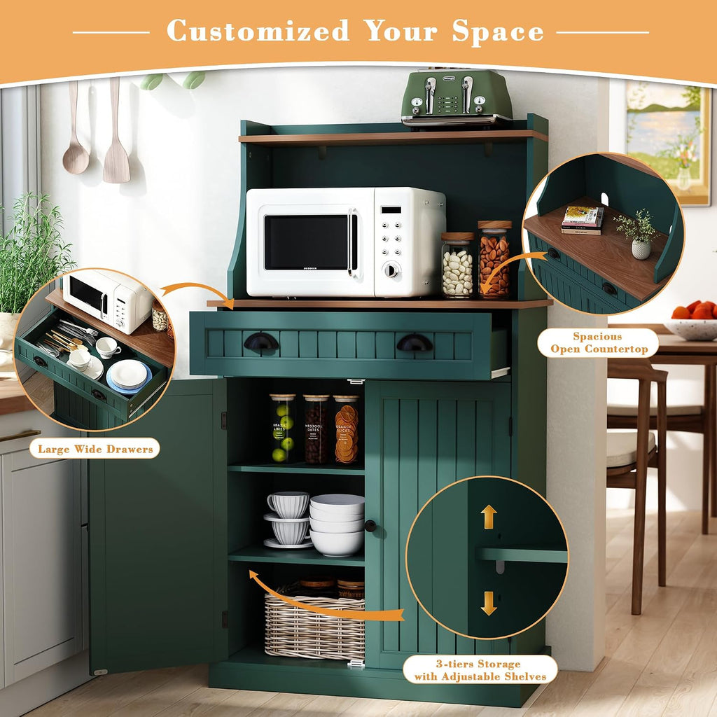 HOLTICO 54' Kitchen Pantry Storage Cabinet with Doors and Adjustable Shelves, Green Freestanding Microwave Cabinet with Drawer for Kitchen, Coffee Bar, Living Room