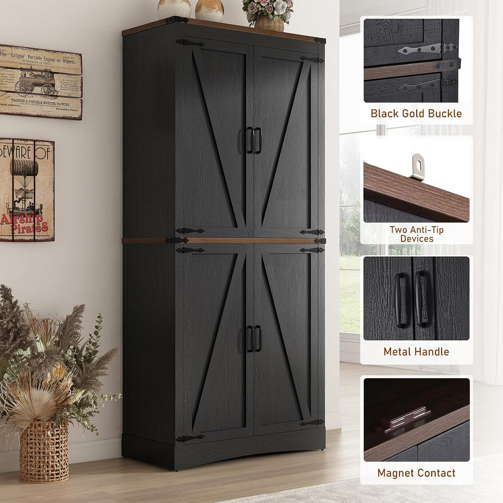 Hlivelood 71' Tall Kitchen Pantry,Farmhouse Storage Cabinet with Adjustable Shelves,Load-Bearing Steel Pipe,Farmhouse Pantry Cabinet with 4 Barn Doors,for Kitchen,Dining Room,Living Room(Black)