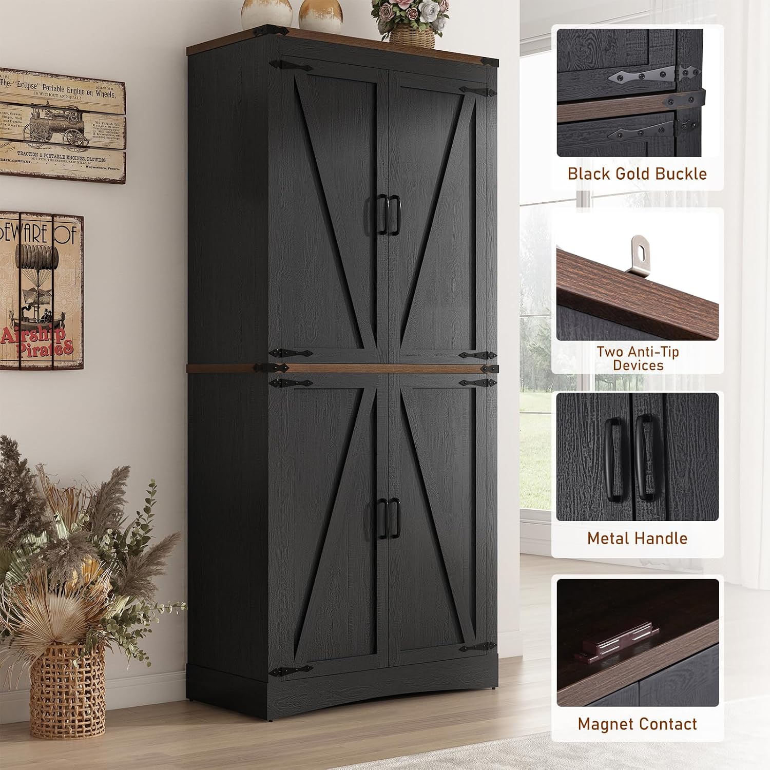 Hlivelood 71' Tall Kitchen Pantry,Farmhouse Storage Cabinet with Adjustable Shelves,Load-Bearing Steel Pipe,Farmhouse Pantry Cabinet with 4 Barn Doors,for Kitchen,Dining Room,Living Room(Black)