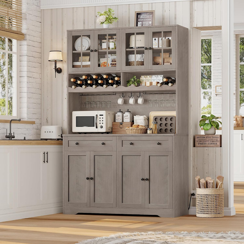 HOSTACK 75.4' Tall Kitchen Pantry Cabinet with Charging Station, Modern White Kitchen Hutch with Microwave Stand and Wine Rack, Large Food Pantry Storage Cabinet with Glass Doors and Drawers, Ash Gray
