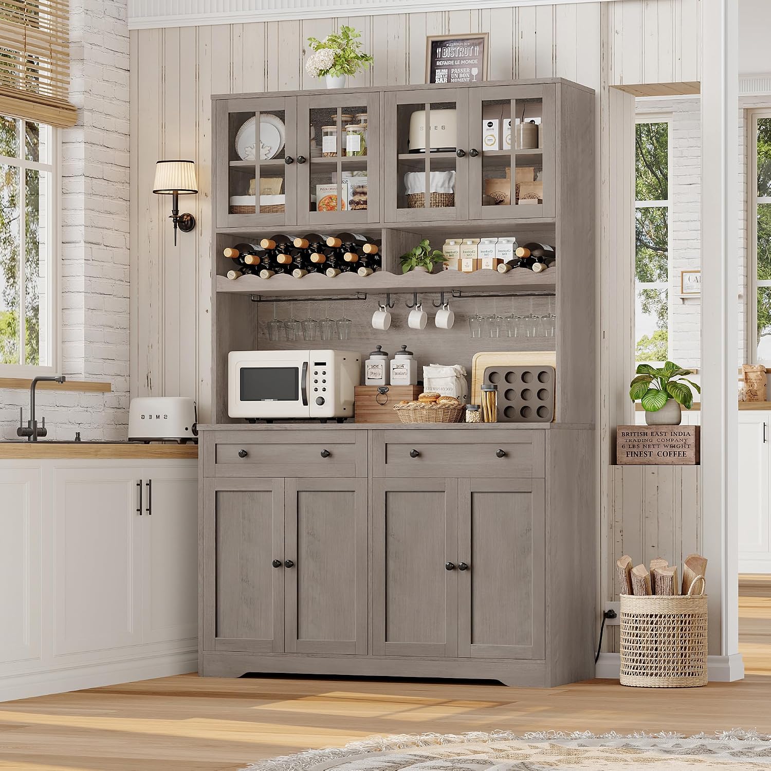 HOSTACK 75.4' Tall Kitchen Pantry Cabinet with Charging Station, Modern White Kitchen Hutch with Microwave Stand and Wine Rack, Large Food Pantry Storage Cabinet with Glass Doors and Drawers, Ash Gray