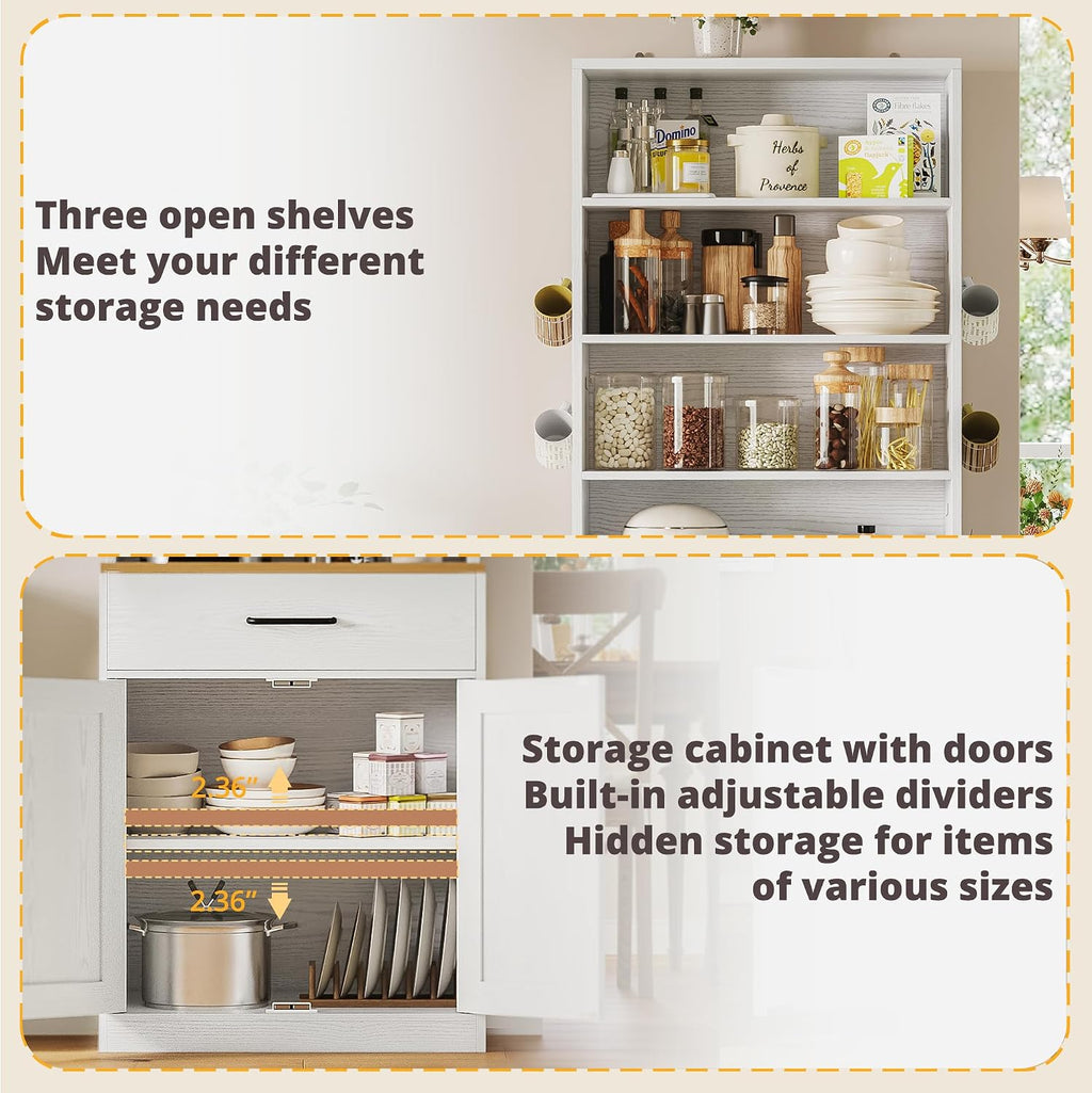 IRONCK Bakers Rack Microwave Stand with Customizable Pegboard and Storage, 71' Farmhouse Coffee Bar Cabinet with Drawer, Barn Doors, Adjustable Shelves for Kitchen, Dining Room, 23.6' White