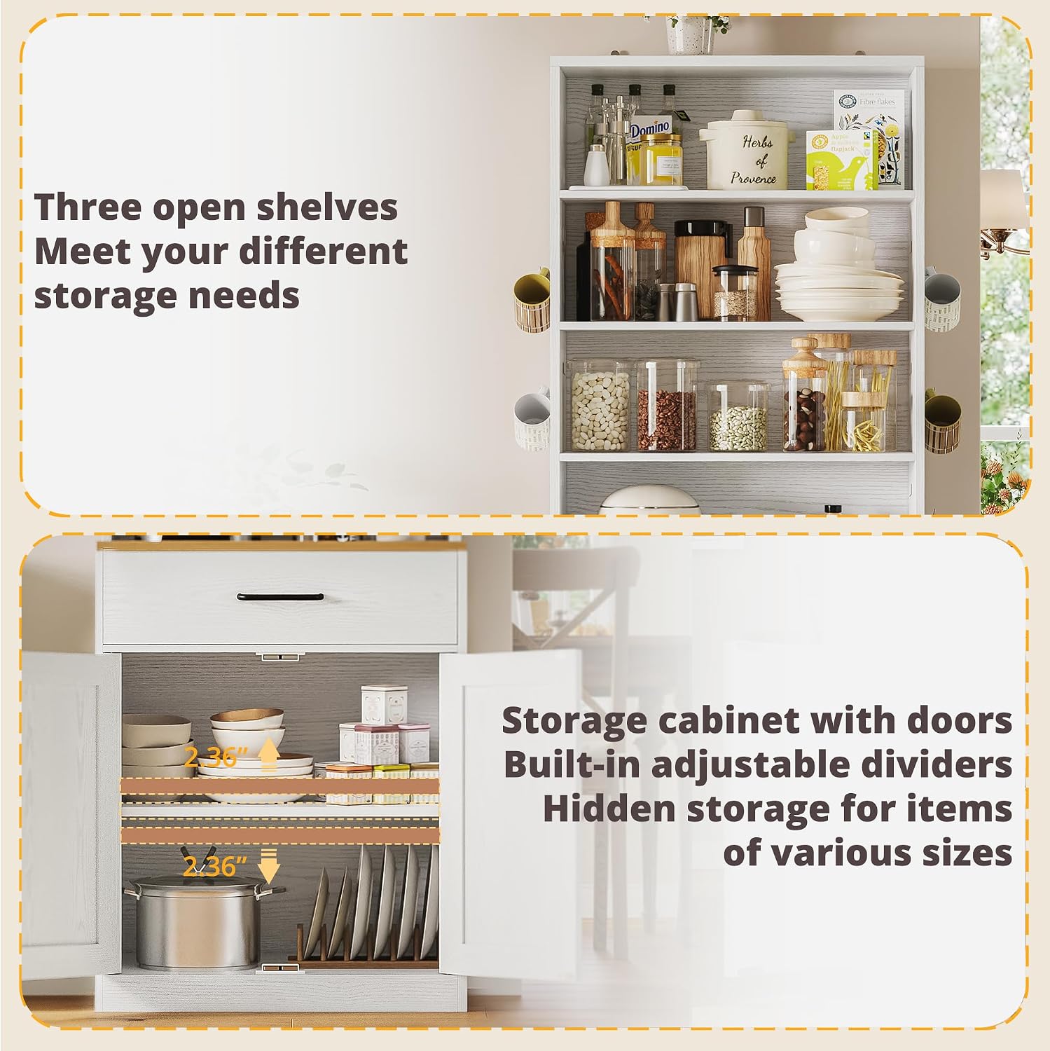 IRONCK Bakers Rack Microwave Stand with Customizable Pegboard and Storage, 71' Farmhouse Coffee Bar Cabinet with Drawer, Barn Doors, Adjustable Shelves for Kitchen, Dining Room, 23.6' White