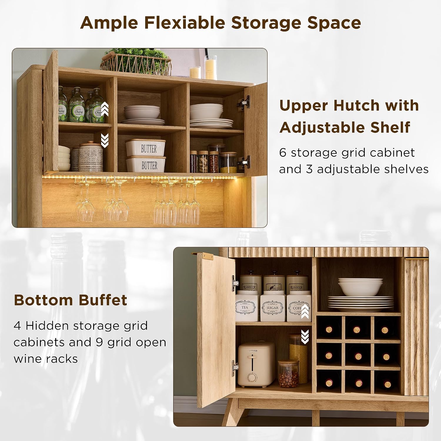 OKD 72' Tall Fluted Coffee Bar Cabinet with Ample Storage, Modern Buffet Sideboard with Glass Holder/Wine Rack/Led Lights/Charging Station, Wine Cabinet for Kitchen, Dining Room, Home Bar, Natural Oak