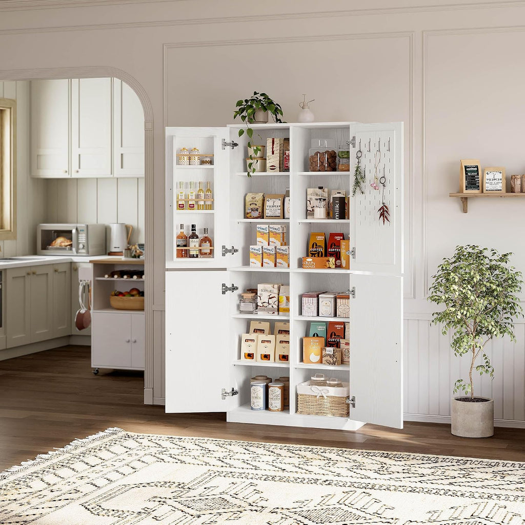 IRONCK 71' Kitchen Pantry Storage Cabinet with Storage Rack, Pegboard Doors, 4 Adjustable Shelves, Food Pantry Cabinet, Freestanding Tall Cupboard for Dining Room, Kitchen, White