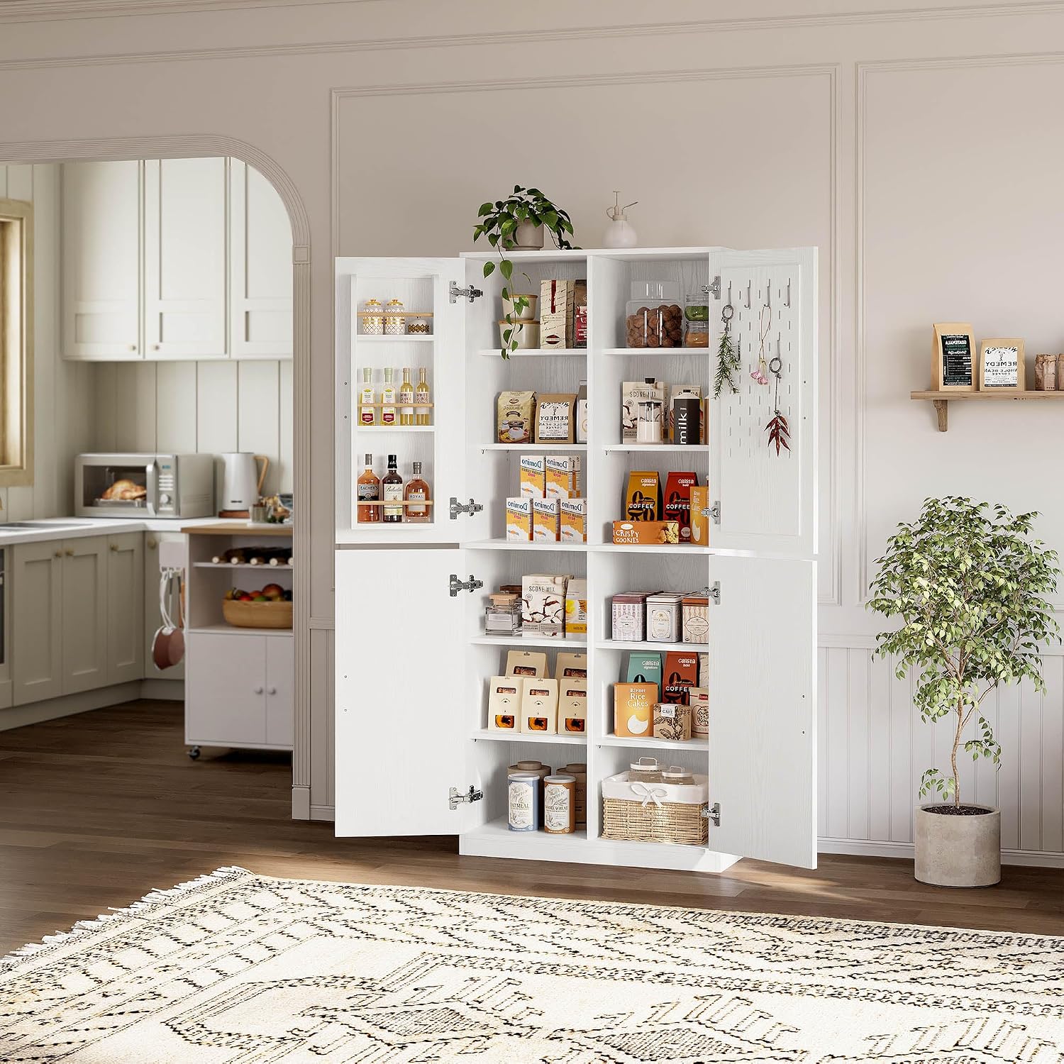 IRONCK 71' Kitchen Pantry Storage Cabinet with Storage Rack, Pegboard Doors, 4 Adjustable Shelves, Food Pantry Cabinet, Freestanding Tall Cupboard for Dining Room, Kitchen, White