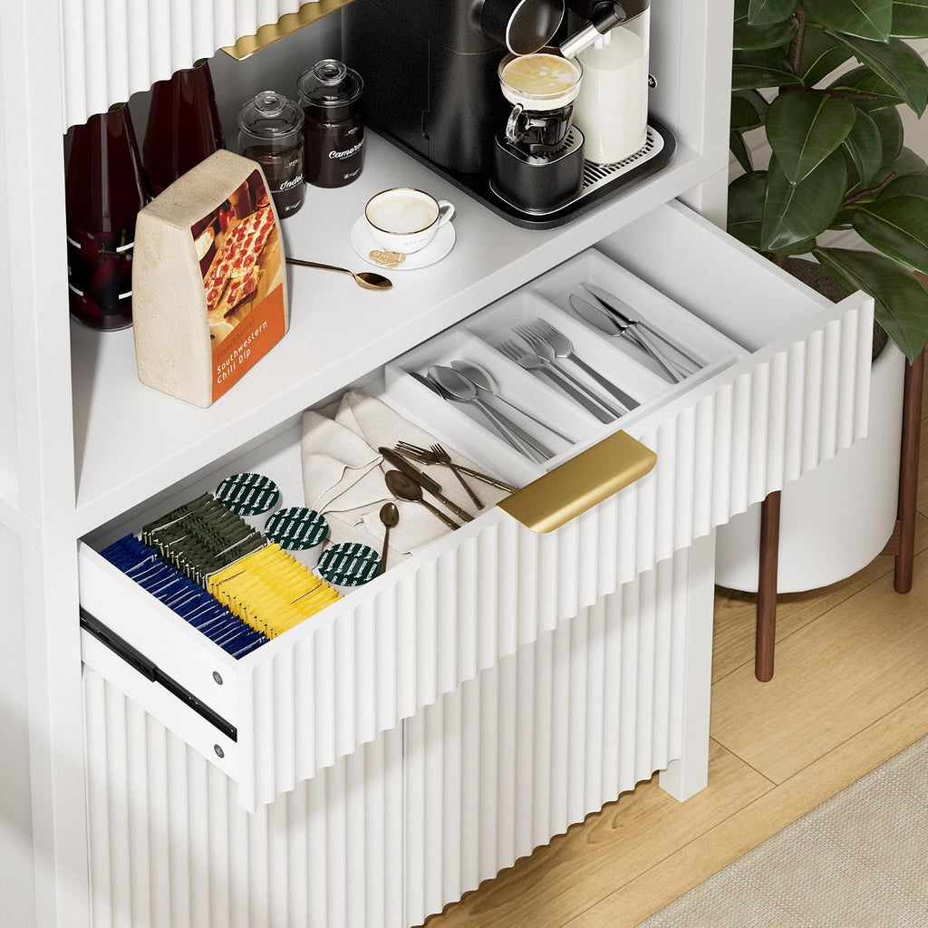 Lulive White Fluted Pantry Cabinet with Charging Station, Adjustable Shelves, Spacious Kitchen Storage Organizer with Open Countertop, Kitchen Hutch with Storage Drawers for Dining & Living Room