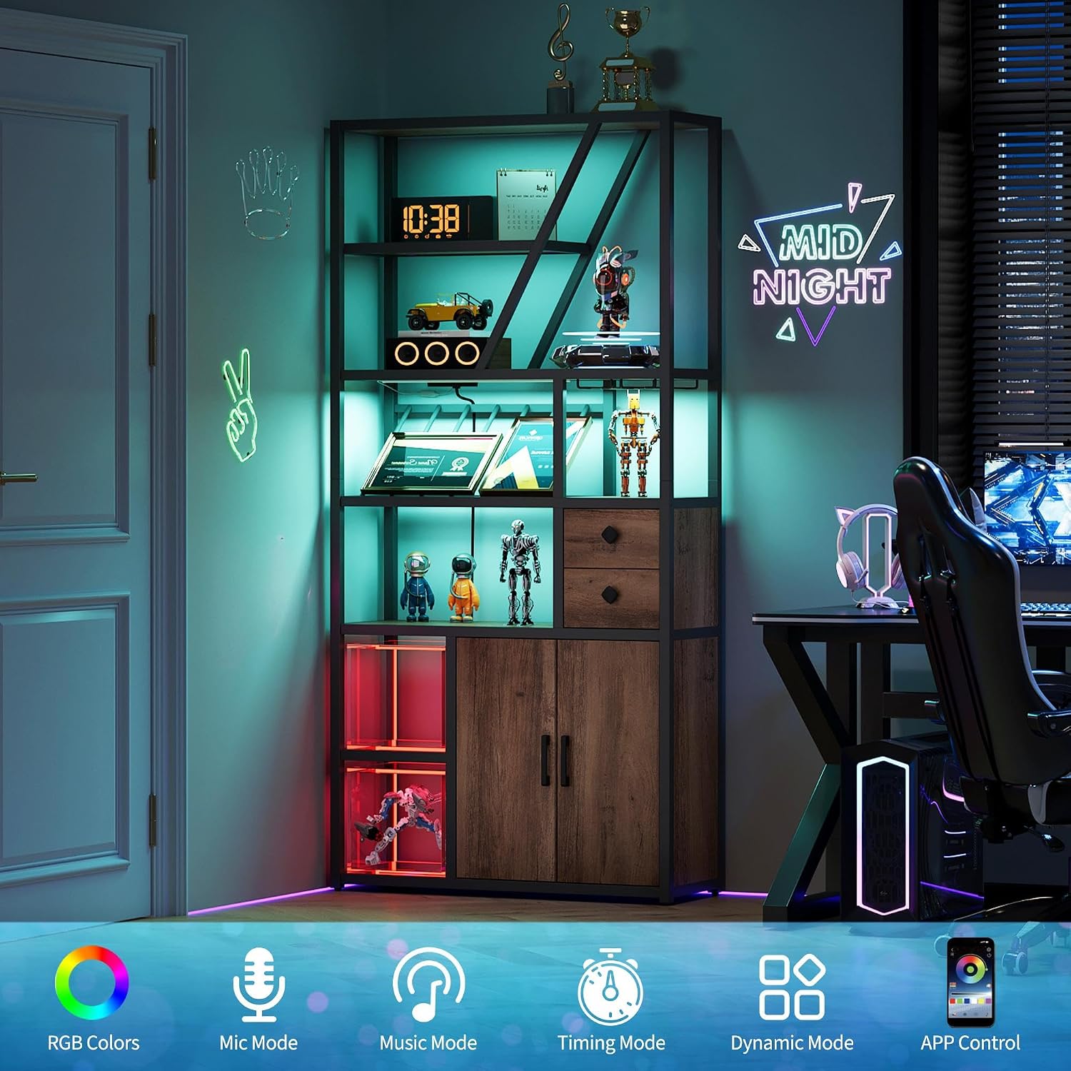 GAOMON Bar Cabinet with Power Outlets, 71.2' Tall Wine Liquor Cabinets with LED Lights and Glass Holder, Coffee Bar Station for Living Room, Microwave Stand Bakers Rack Cabinets, Brown
