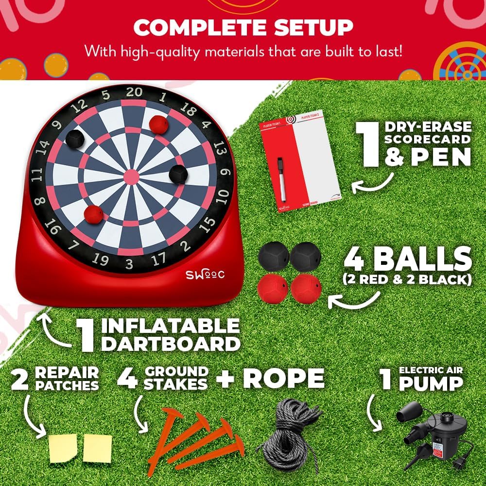 Swooc Games - Premium Inflatable Giant Kick Darts (15+ Ways to Play) - Jumbo Soccer Dartboard with Air Pump - Big Carnival Games - Giant Outdoor Games - Oversized Dart Board Yard & Lawn Game