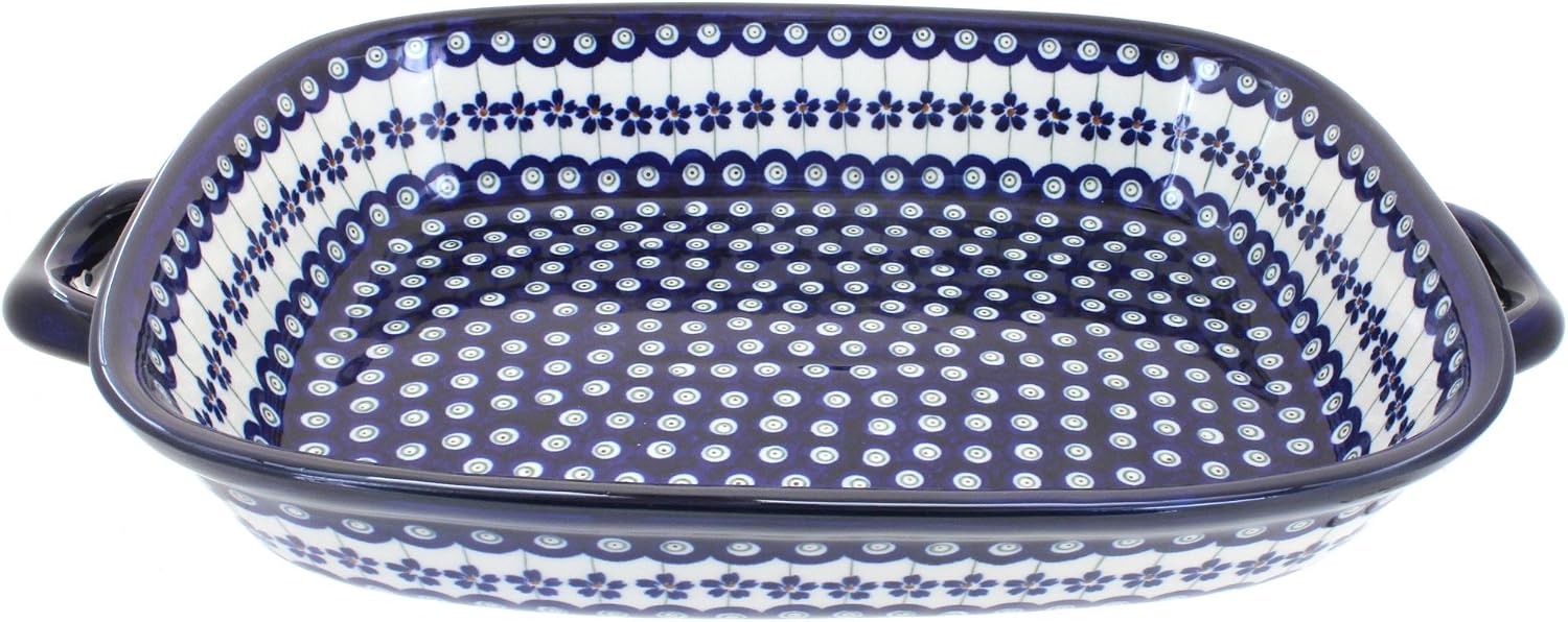 Blue Rose Polish Pottery - Blue Flowering Peacock Large Baker with Handles - 14.5' x 10.75' - Unique, Dishwasher Safe, & Durable Bakeware